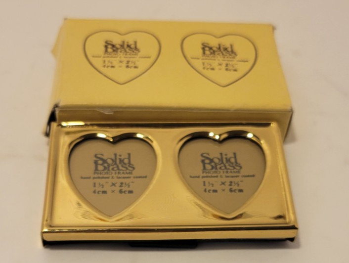 NOS Solid Brass Double Heart Mini Picture Frame Hand Polished & Lacquer Coated