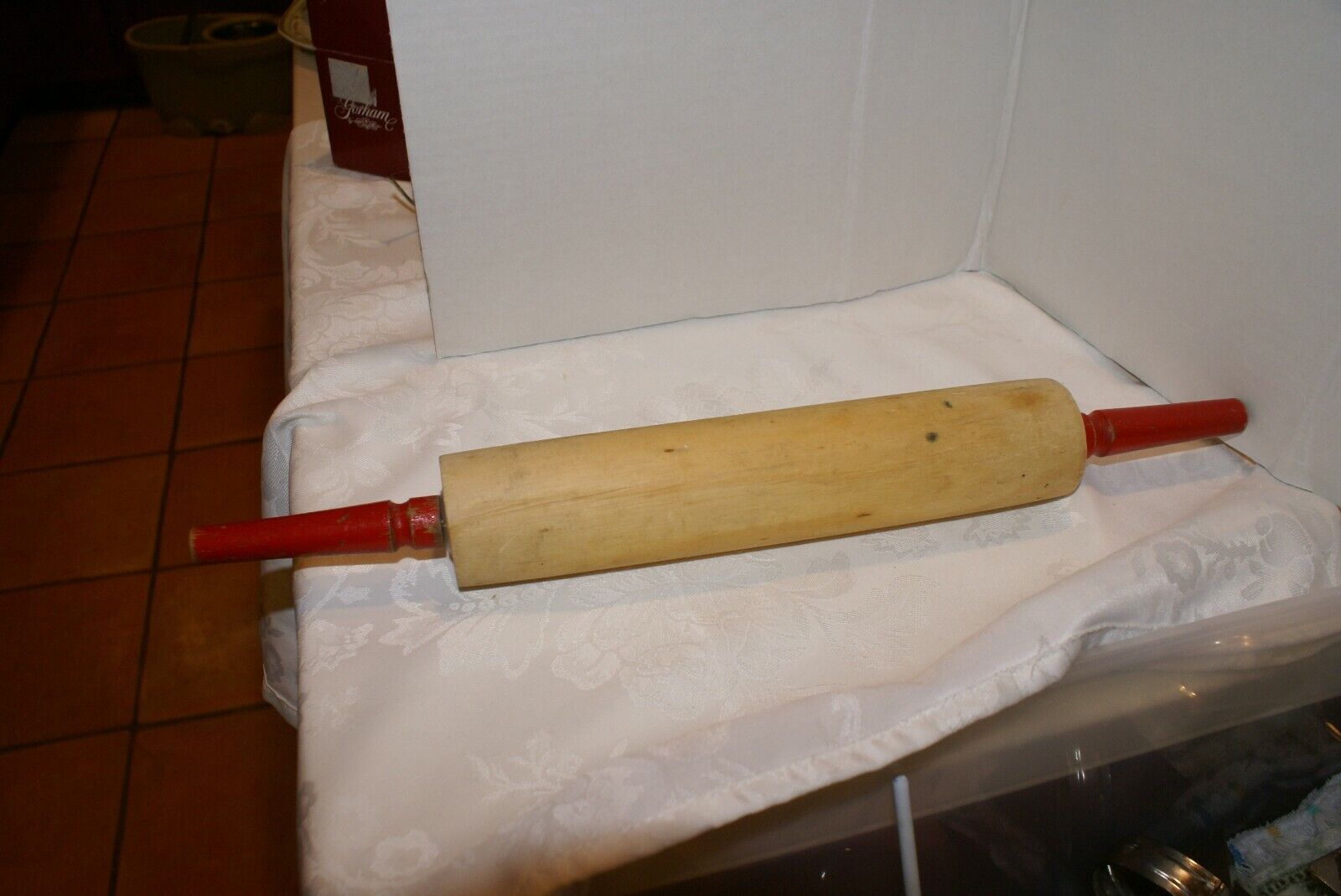 Vintage Wood Rolling Pin W/Red Handles 
