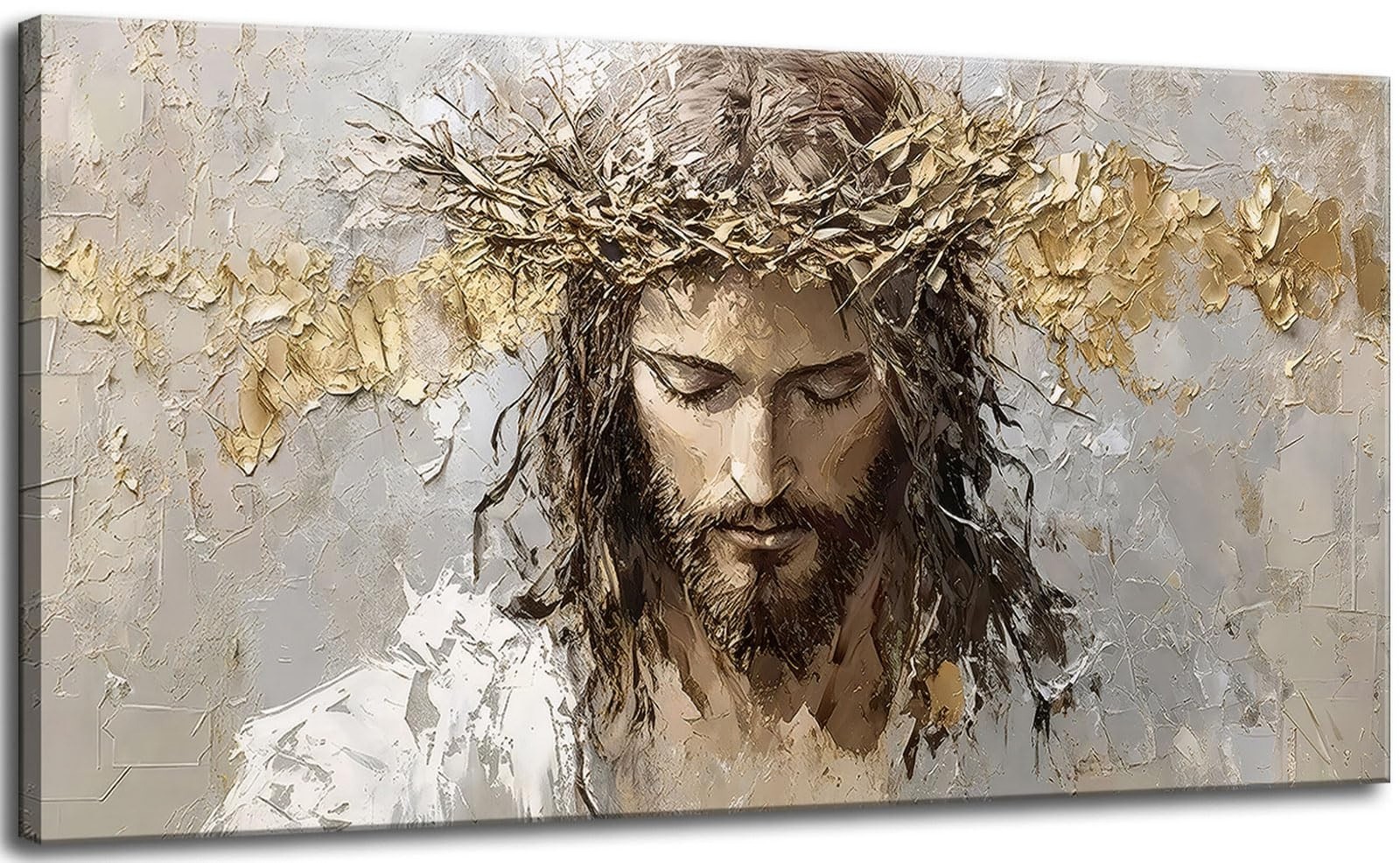 Large Jesus Portrait Canvas Wall Art Abstract Gold Thorns Jesus Painting Deco...