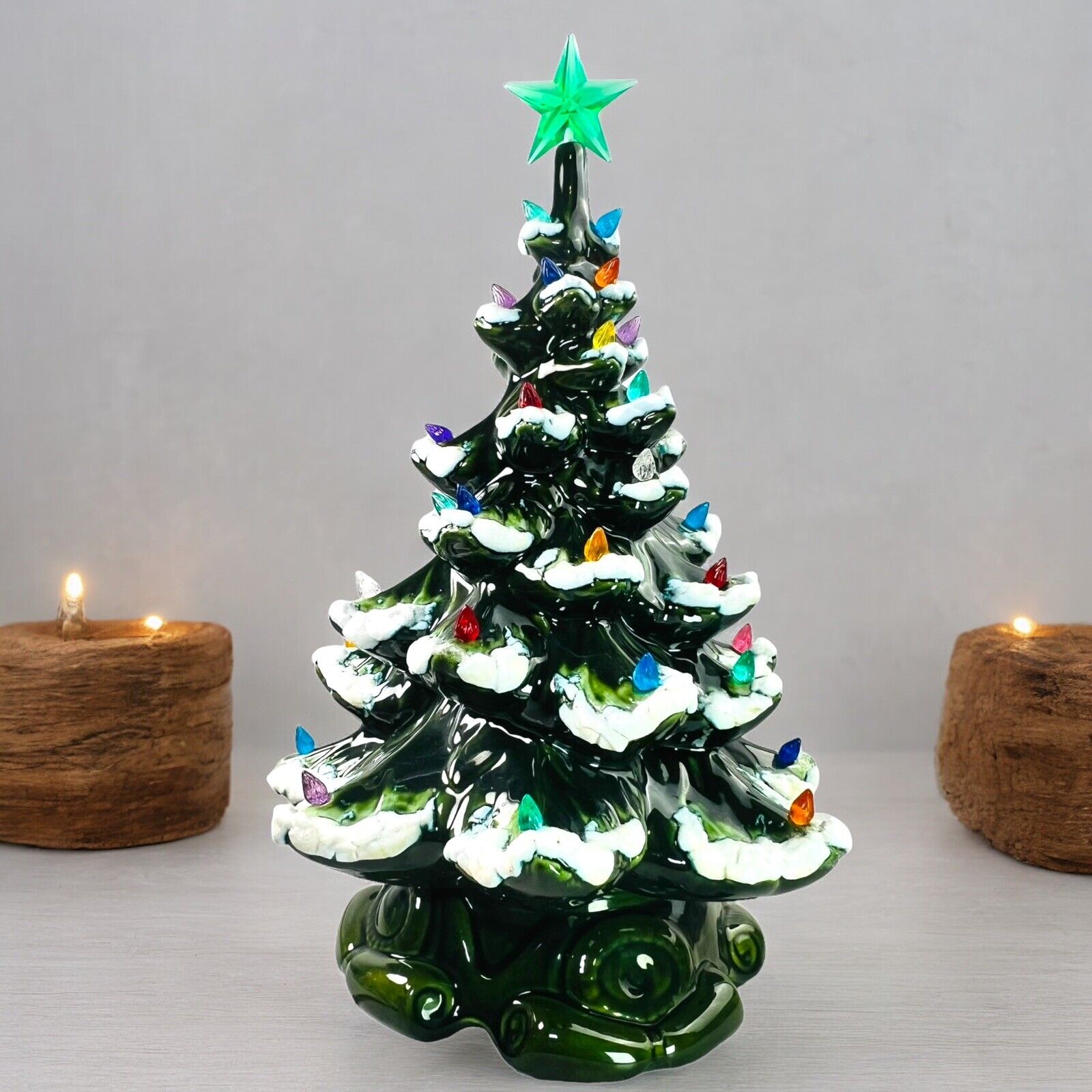 Vtg Ceramic Christmas Tree with Base 17” Tall Large Snow Flocked Light Up WORKS