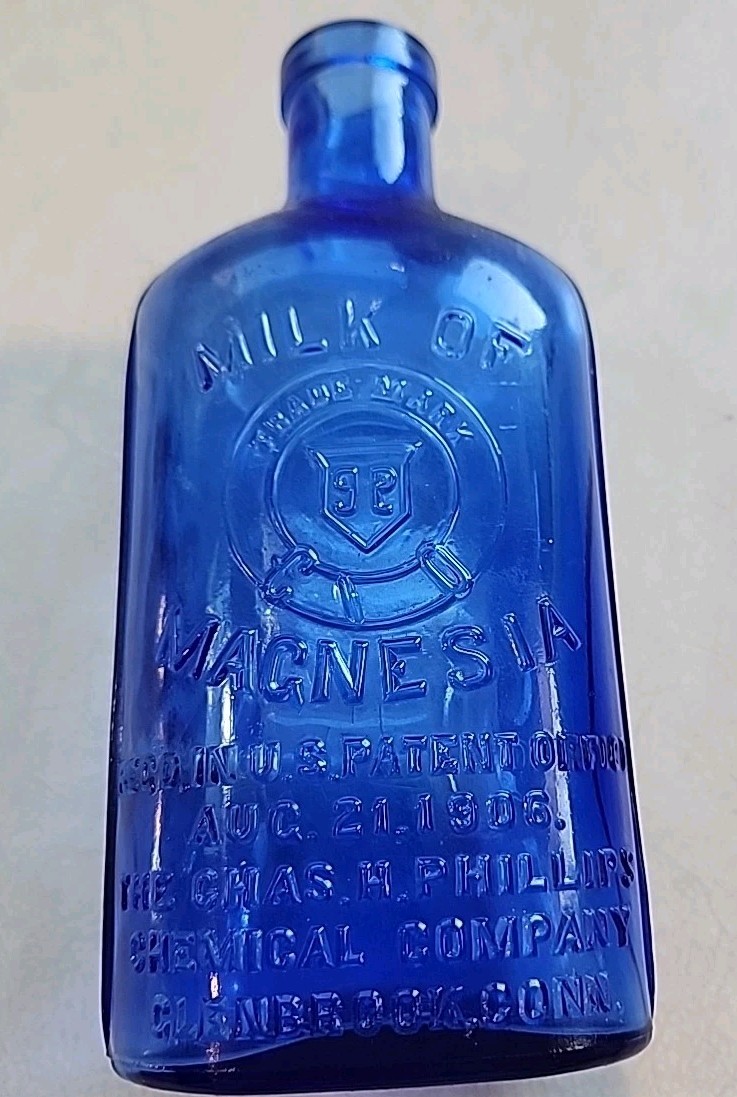 Vintage Cobalt Blue Embossed  Phillips Milk Of Magnesia Glass Bottle  7\