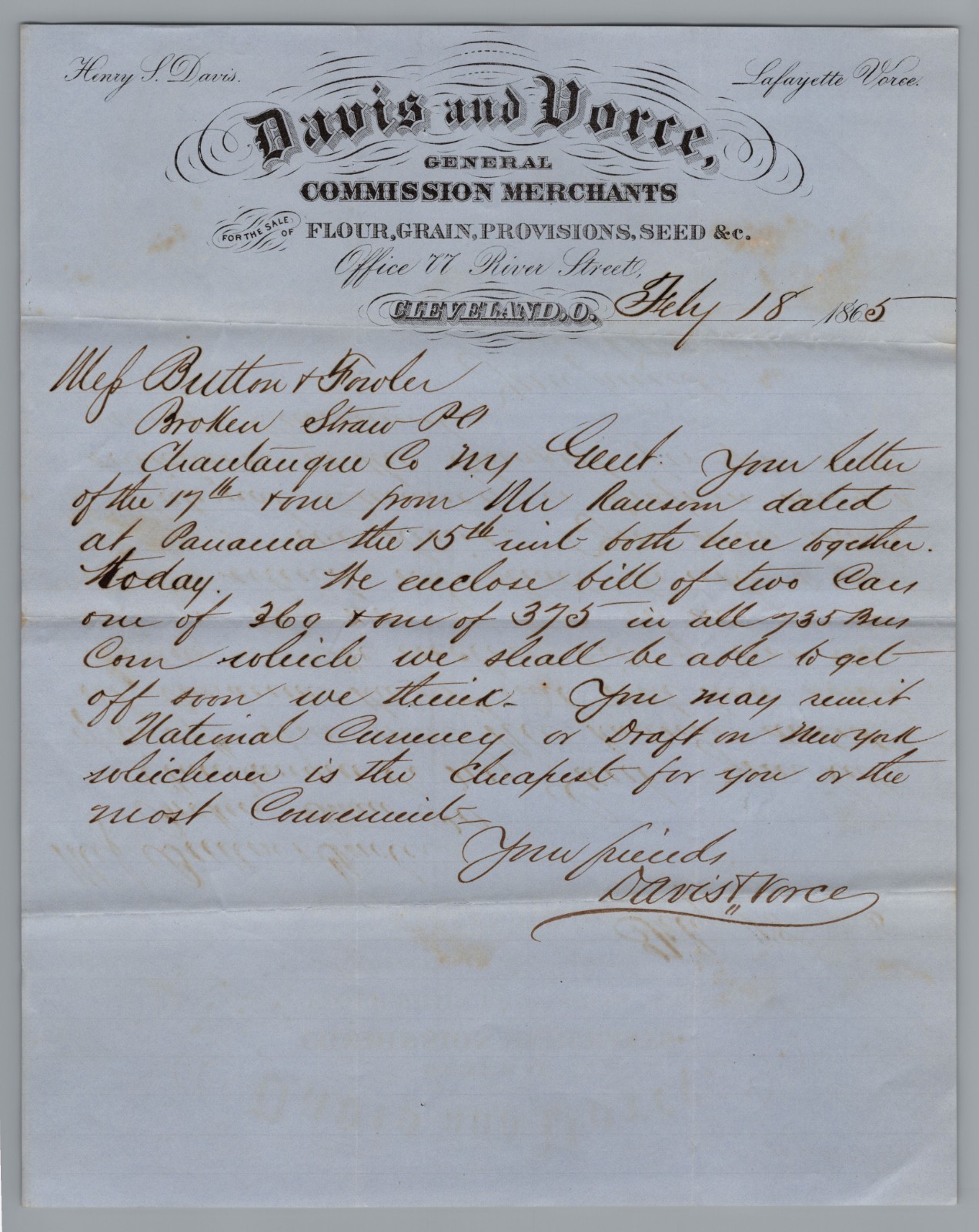 1865 Handwritten Letter  Davis and Vorce Cleveland, OH, Signed, Ephemera