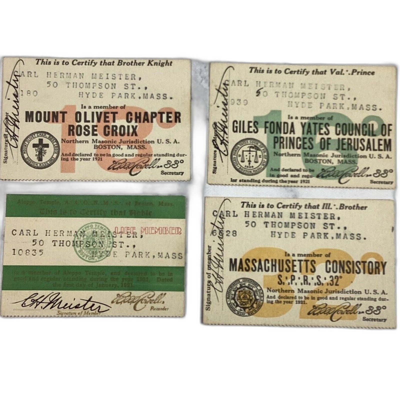 Masonic Member Membership Ephemera Card Lot Massachusetts Aleppo Temple Vtg 1921