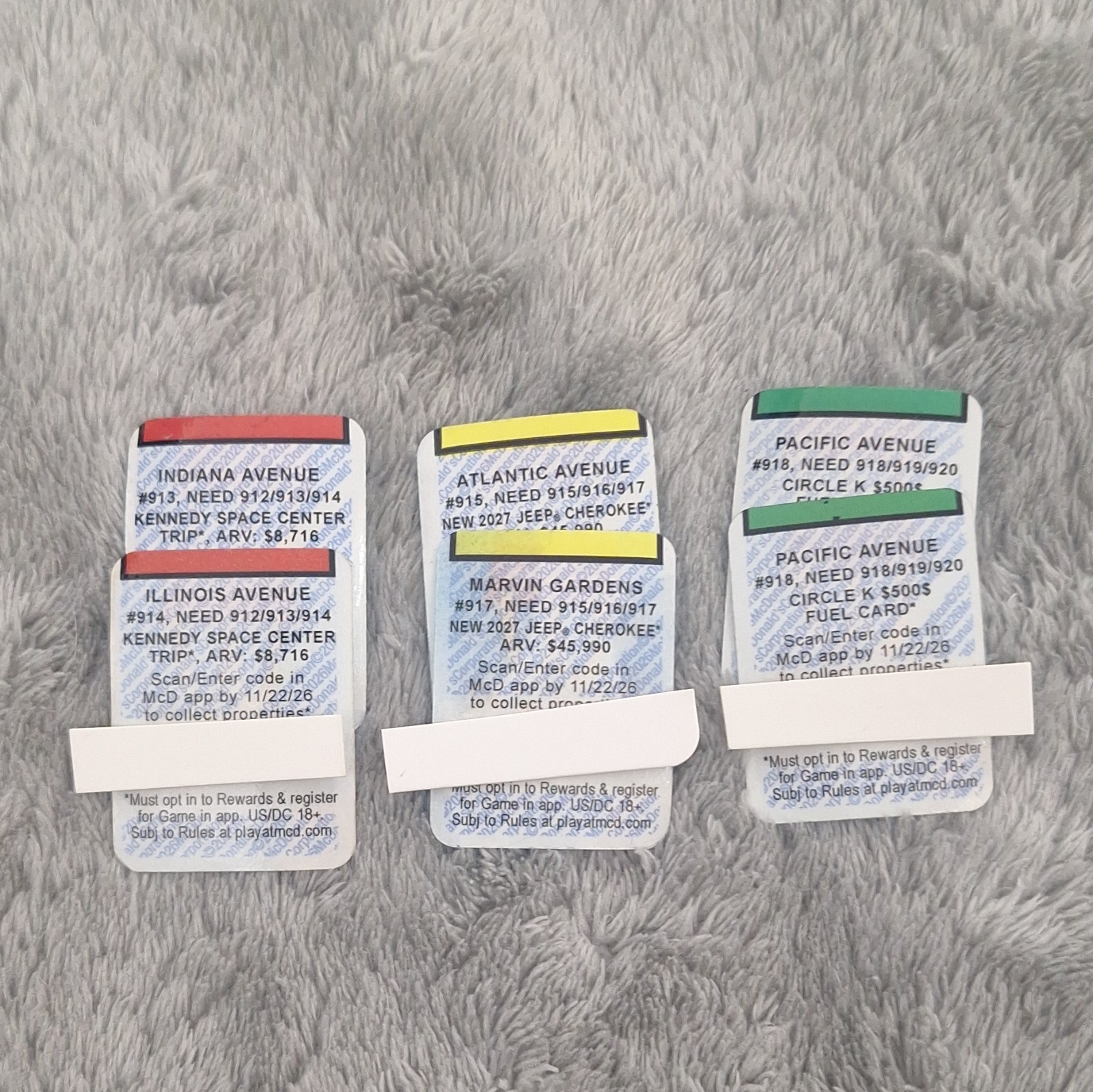 McDonald\'s Monopoly 2024 Lot of 3 Game Pieces - Indiana, Atlantic, Pacific Ave