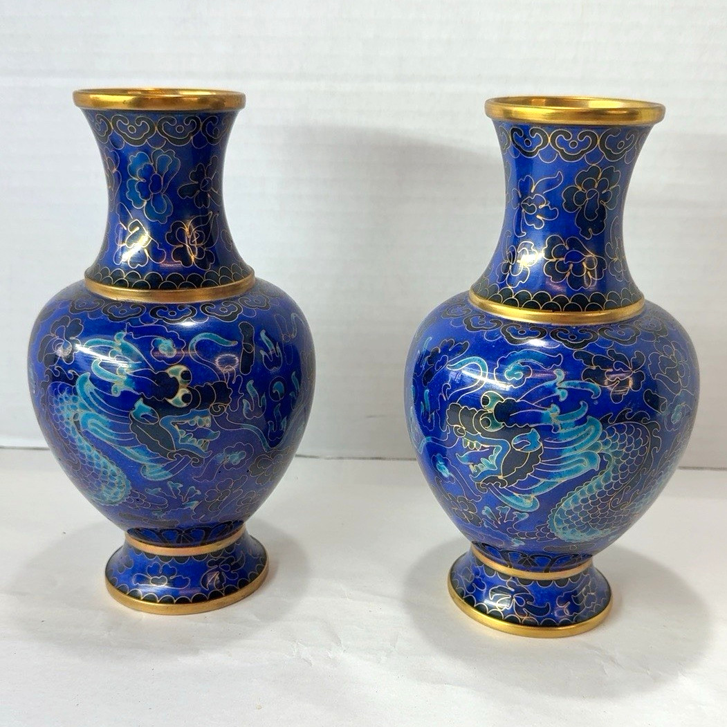 🐲Pair of Blue Cloisonne Dragon Vases Gold Tone Trim Floral Matching Set of 2 🐲Pair of Blue Cloisonne Dragon Vases Gold Tone Trim Floral Matching Set of 2