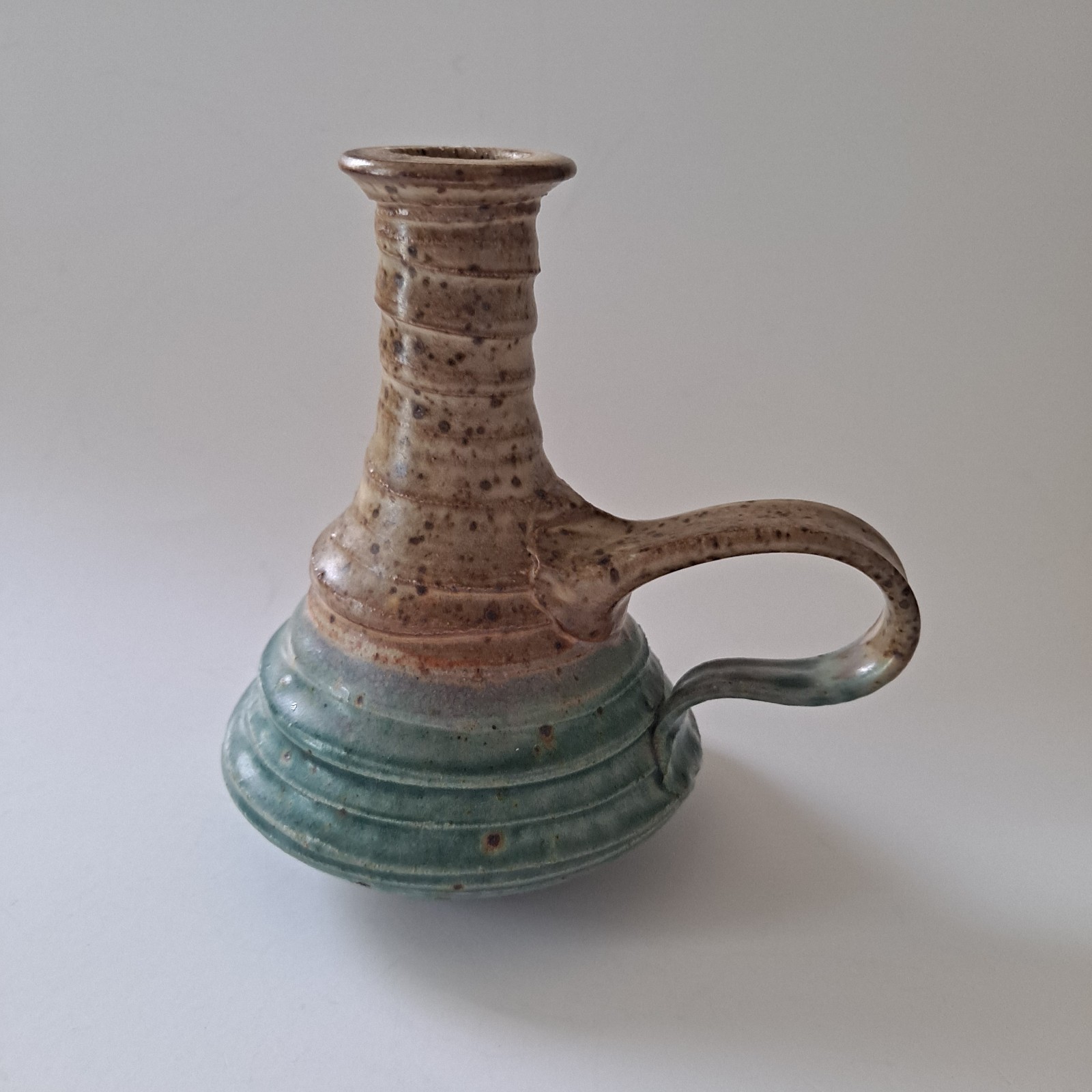 Artist Signed Studio Pottery Chamberstick Candle Holder Green / Beige