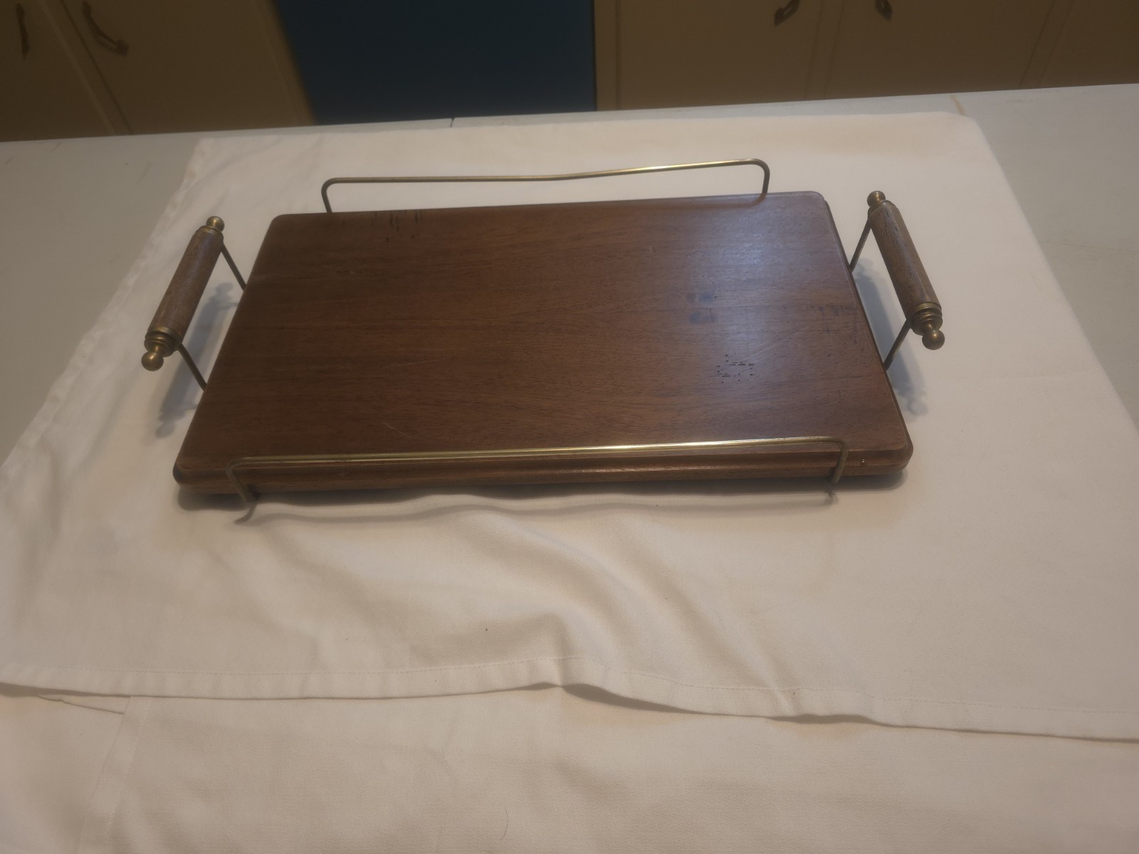 VINTAGE MCM DARK WOOD &BRASS TRAY WITH GALLERY RAILS & HANDLES, HANDMADE ITALY