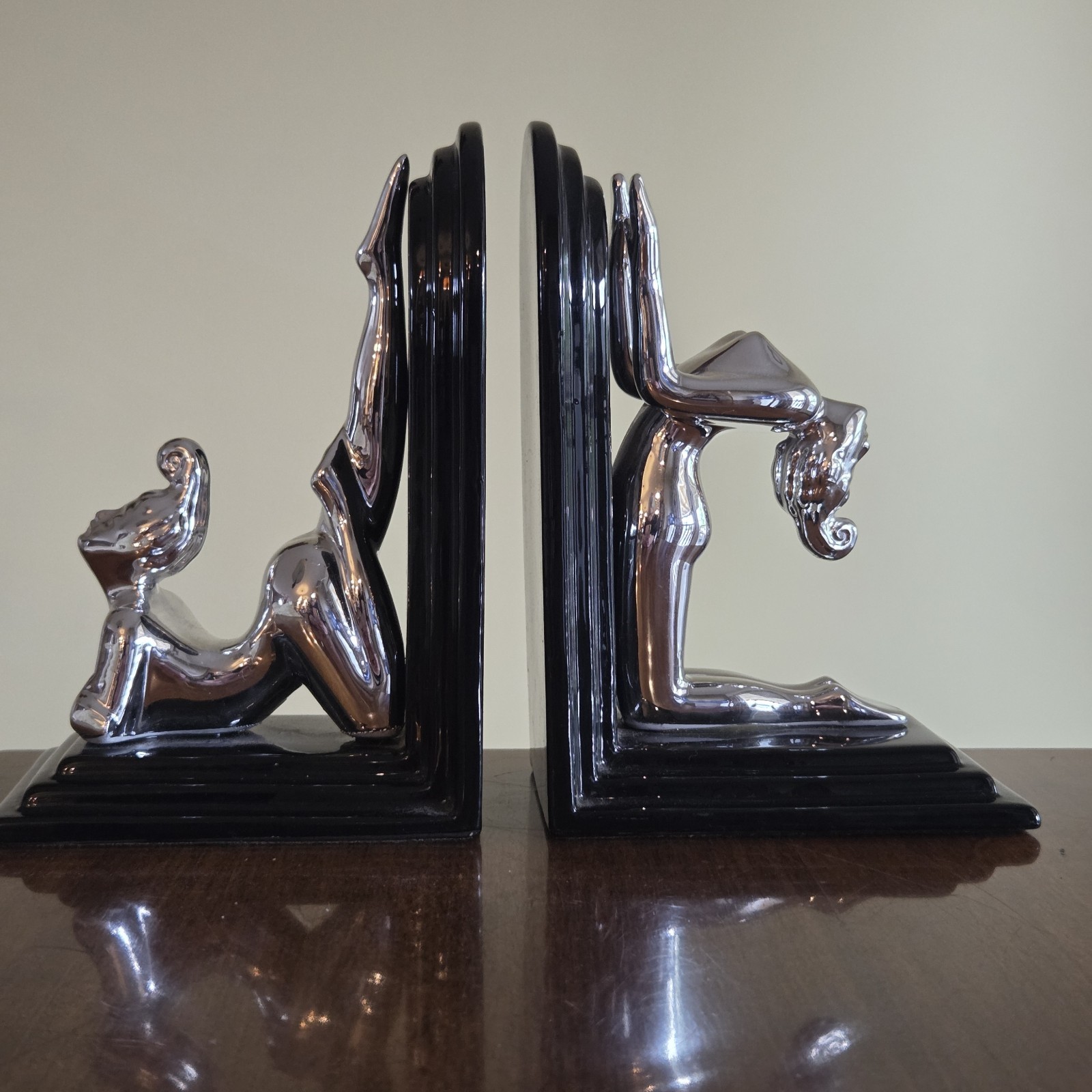 Vtg Art Deco Style Black Bookends Silver Nude Women Dancers Modern Sleek Style