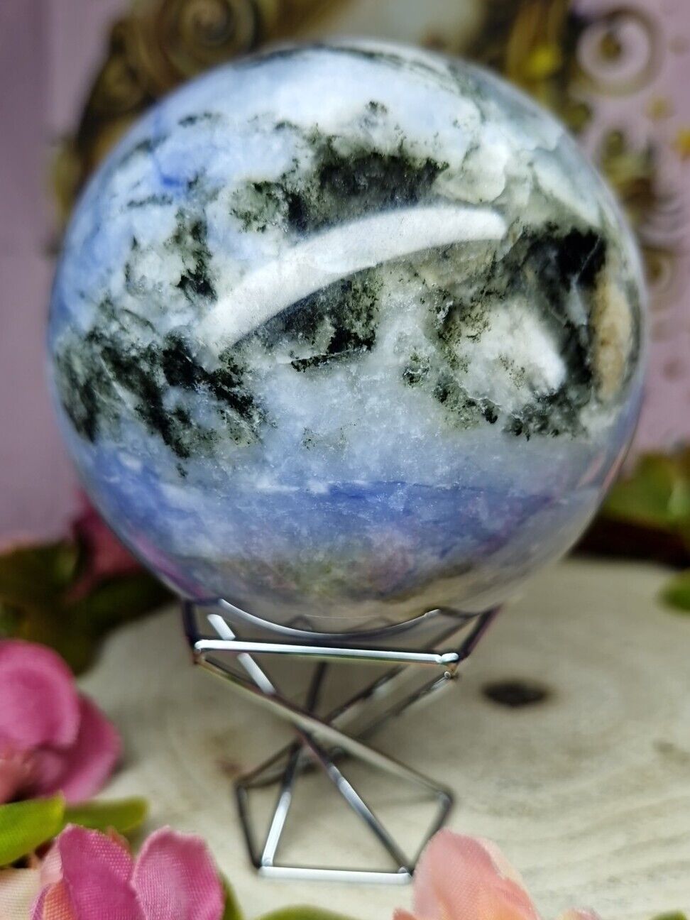 Stunning Big UV reactive Afghanite Crystal Sphere 80mm 623g & Holder - Must See