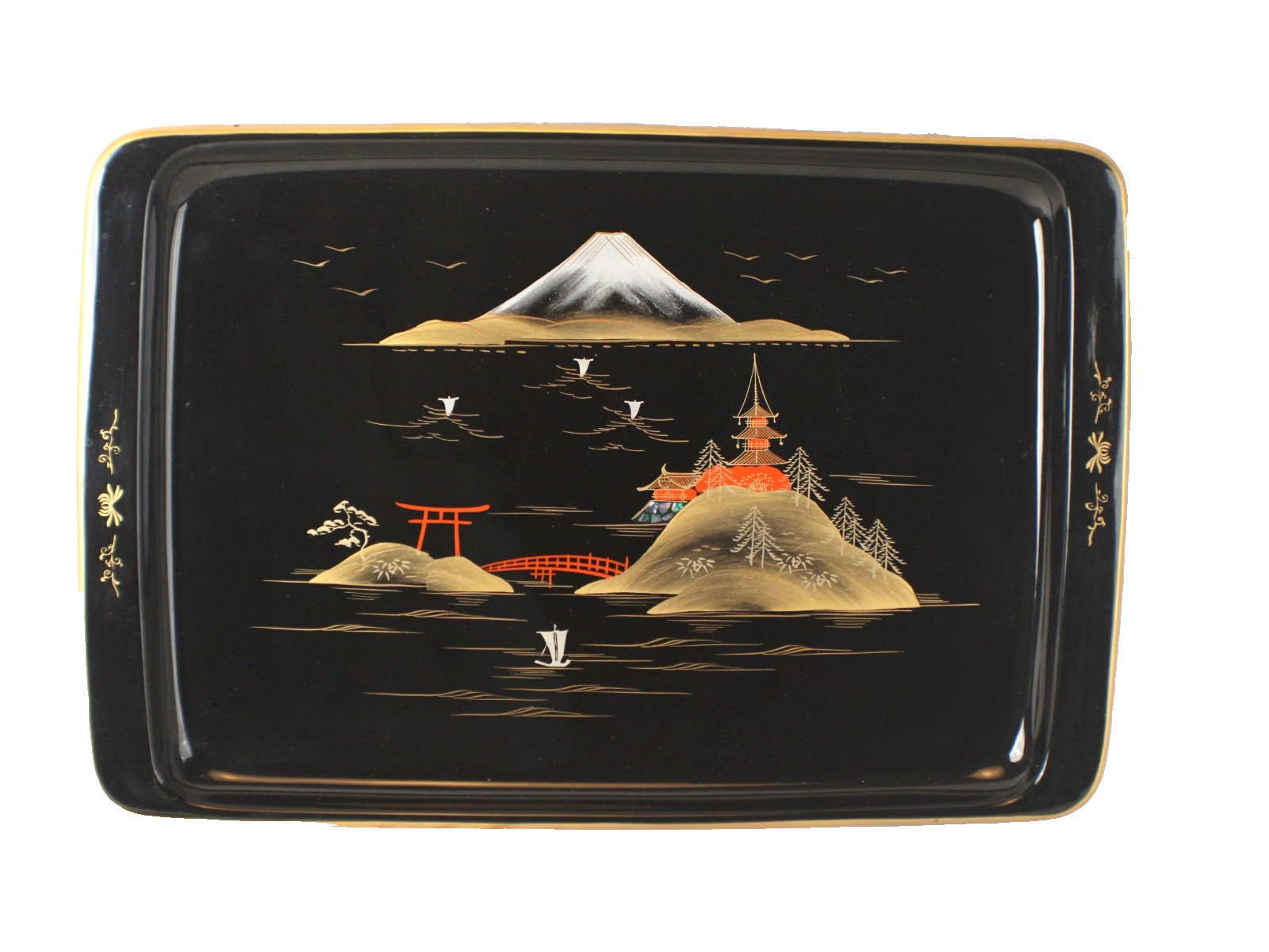 Vintage Mount Fuji Black Lacquer Made In Japan Hand Painted Tray Signed Aizu