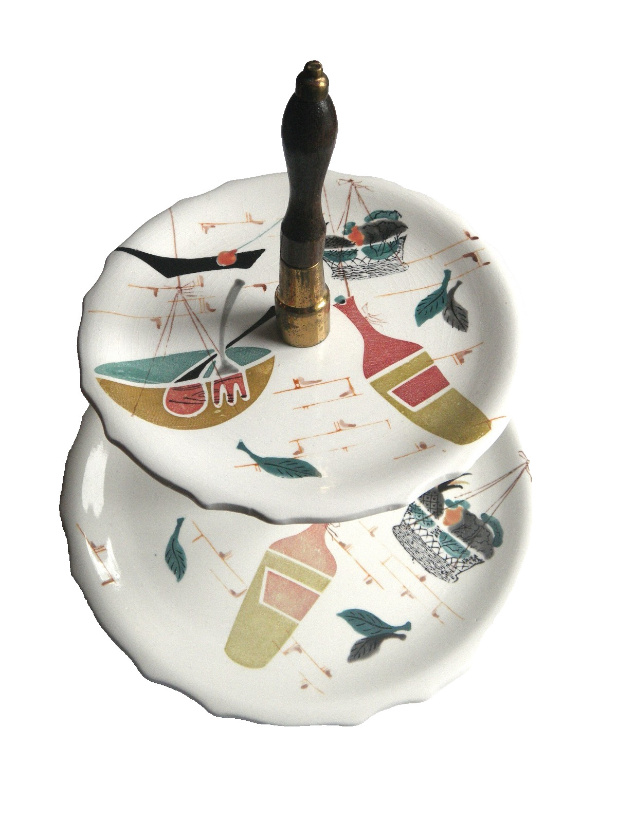 Vintage 1950s MCM Patio Handpainted Ceramic Tiered Tray Serving Plates Server