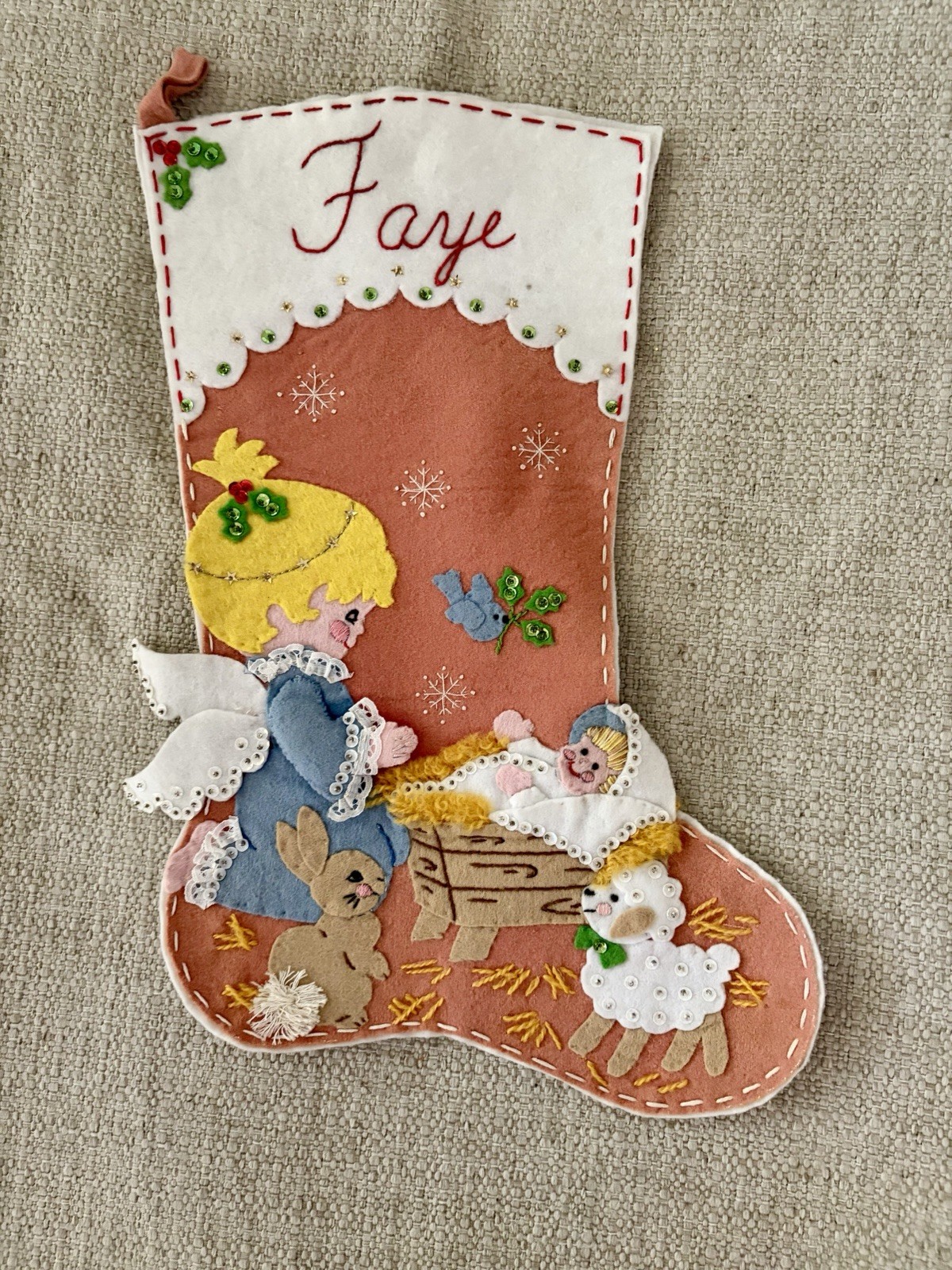 VTG Beaded Sequined Felt Christmas Stocking Angel W/ Cradle Scene Handmade