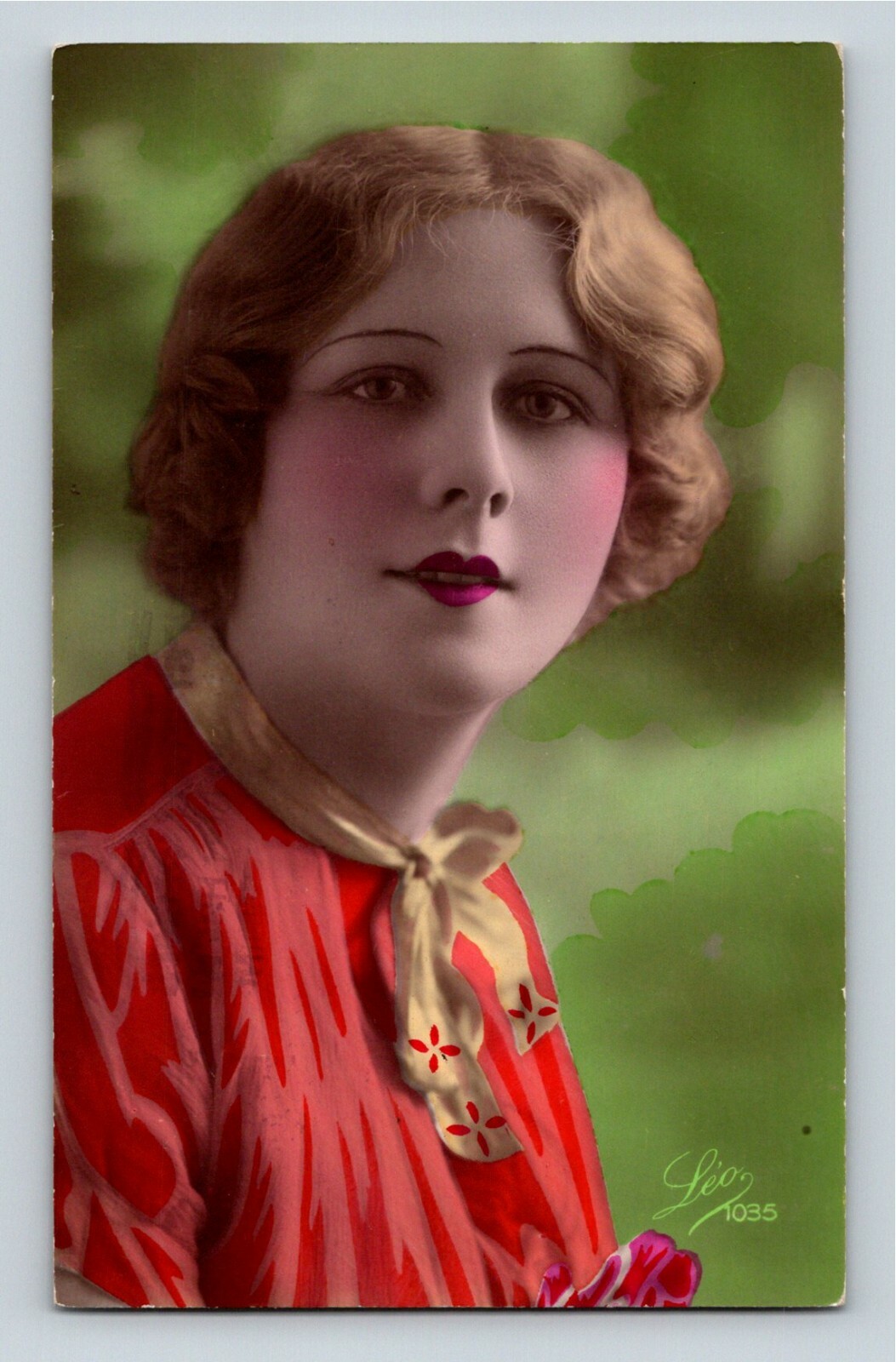 Vibrantly Hand Painted Woman in Orange Signed Leo RPPC 1926 Amsterdam Postmark