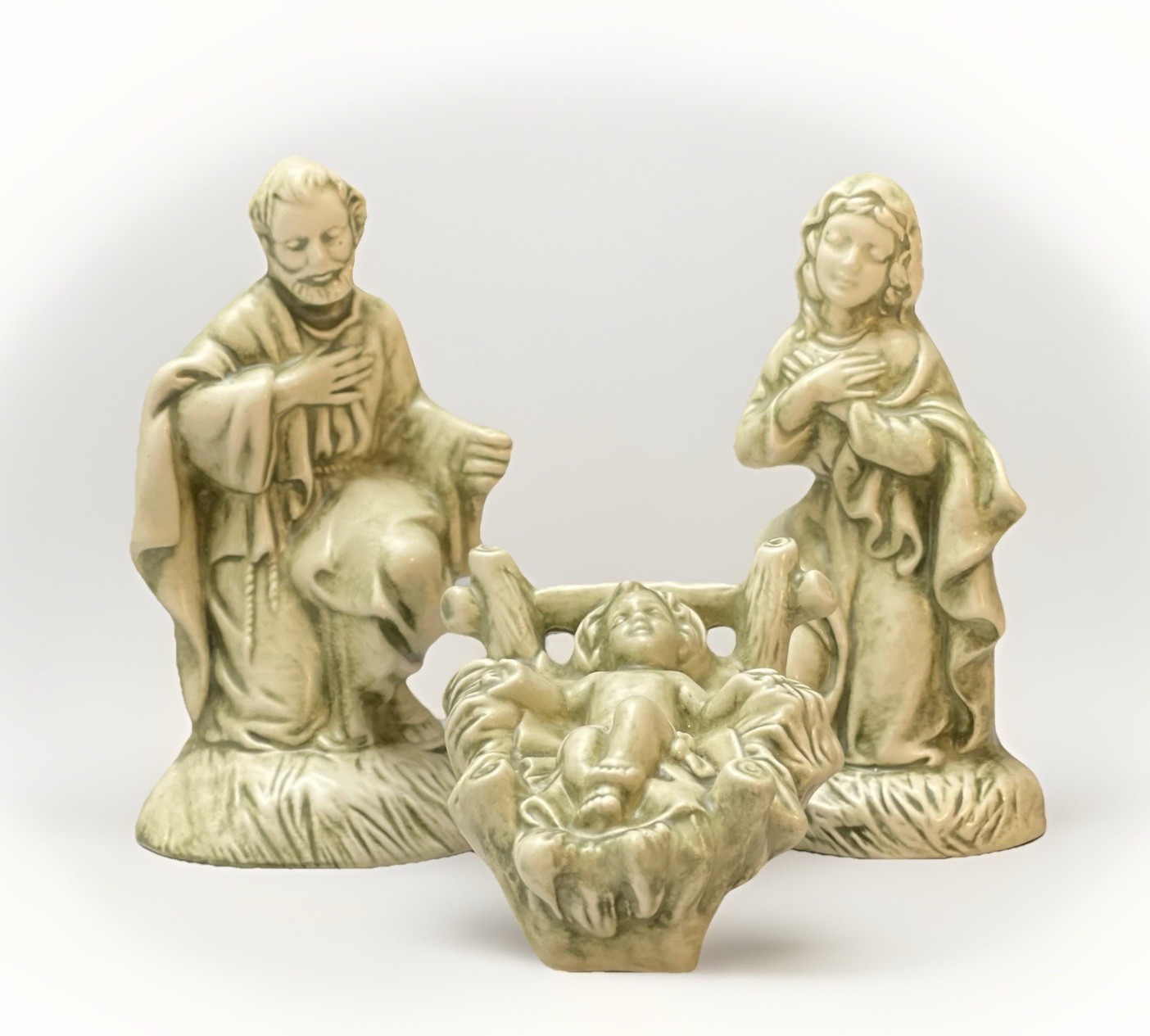 VTG Nativity Set Holy Family Green Patina Chalkware Ceramic Signed LEA 1988 3 Pc