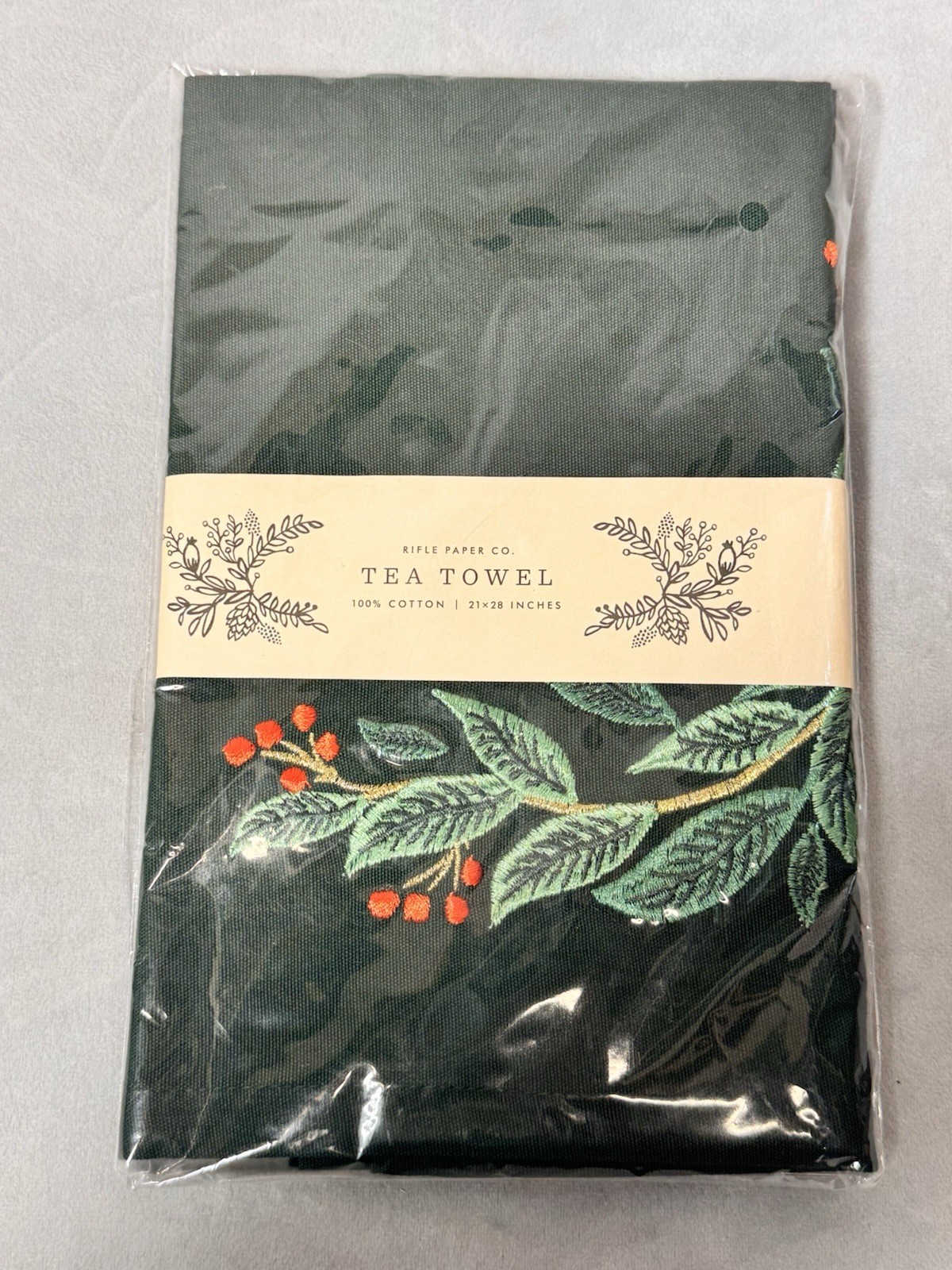 Rifle Paper Co. Willowberry Embroidered Tea Towel in green cotton