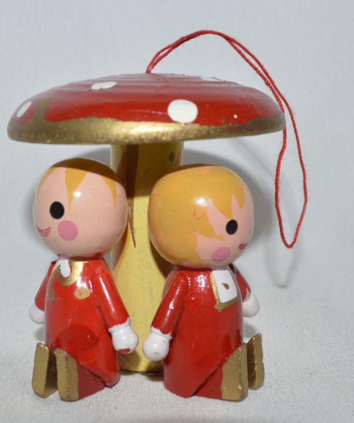 Vintage Wooden Inanco Mushroom with Kids Ornament Taiwan