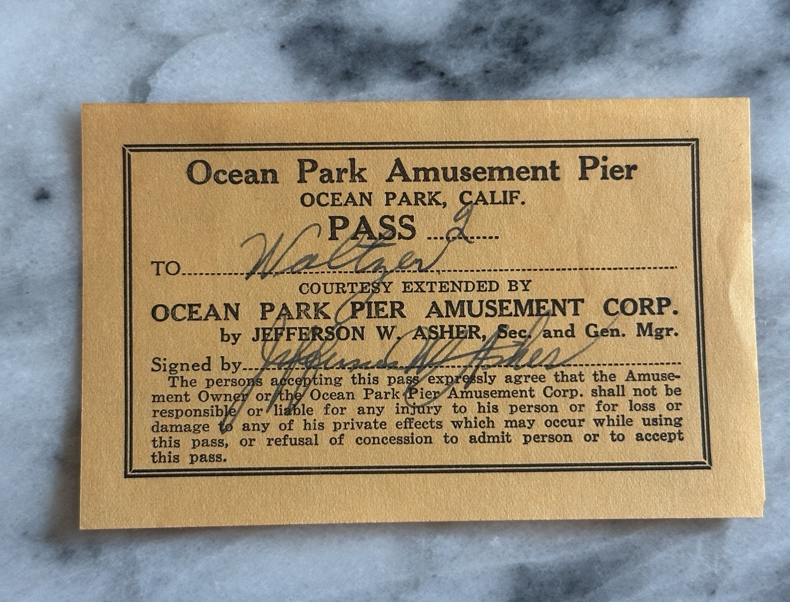 1930s Ocean Park Amusement Pier Courtesy Pass Pre P.O.P. Pacific