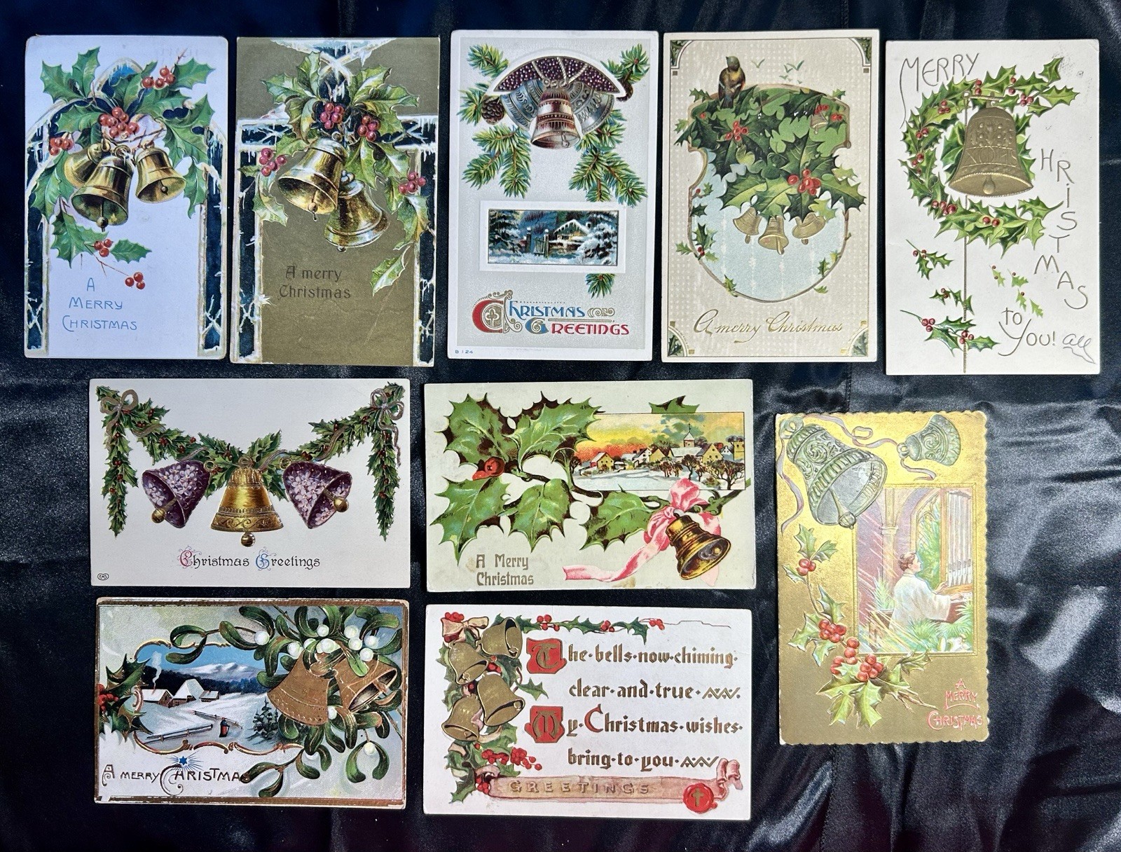 Lot of 10 Vintage Embossed Christmas Postcards Featuring Bells Multicolor Paper