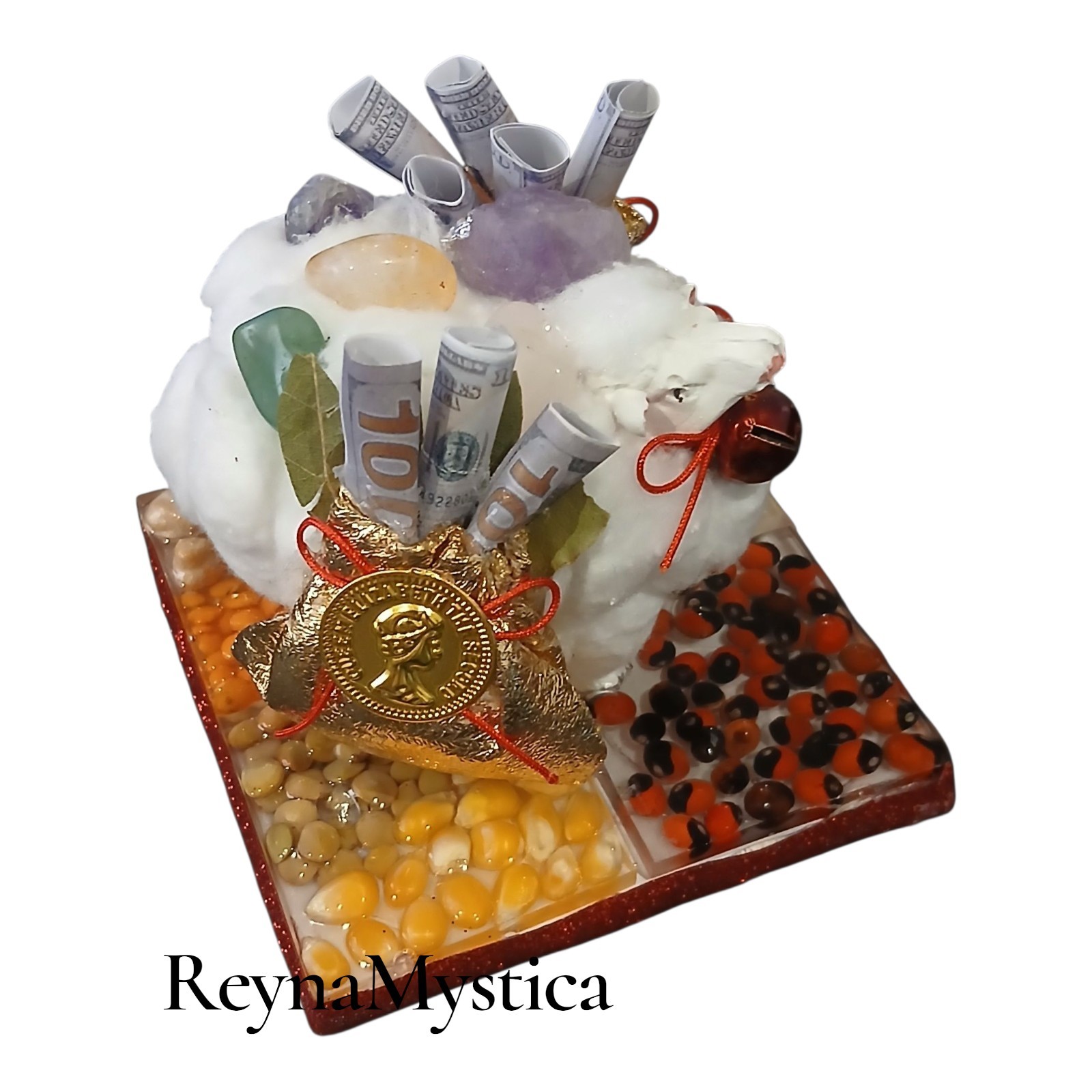Abundance Sheep Charm - Good Luck Amulet with Crystals, Seeds & Coins Handmade