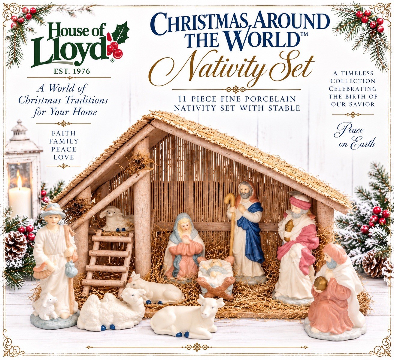 Vintage (11) Piece Nativity Set W/ Hay Covered Wooden Stable & Porcelain Figures