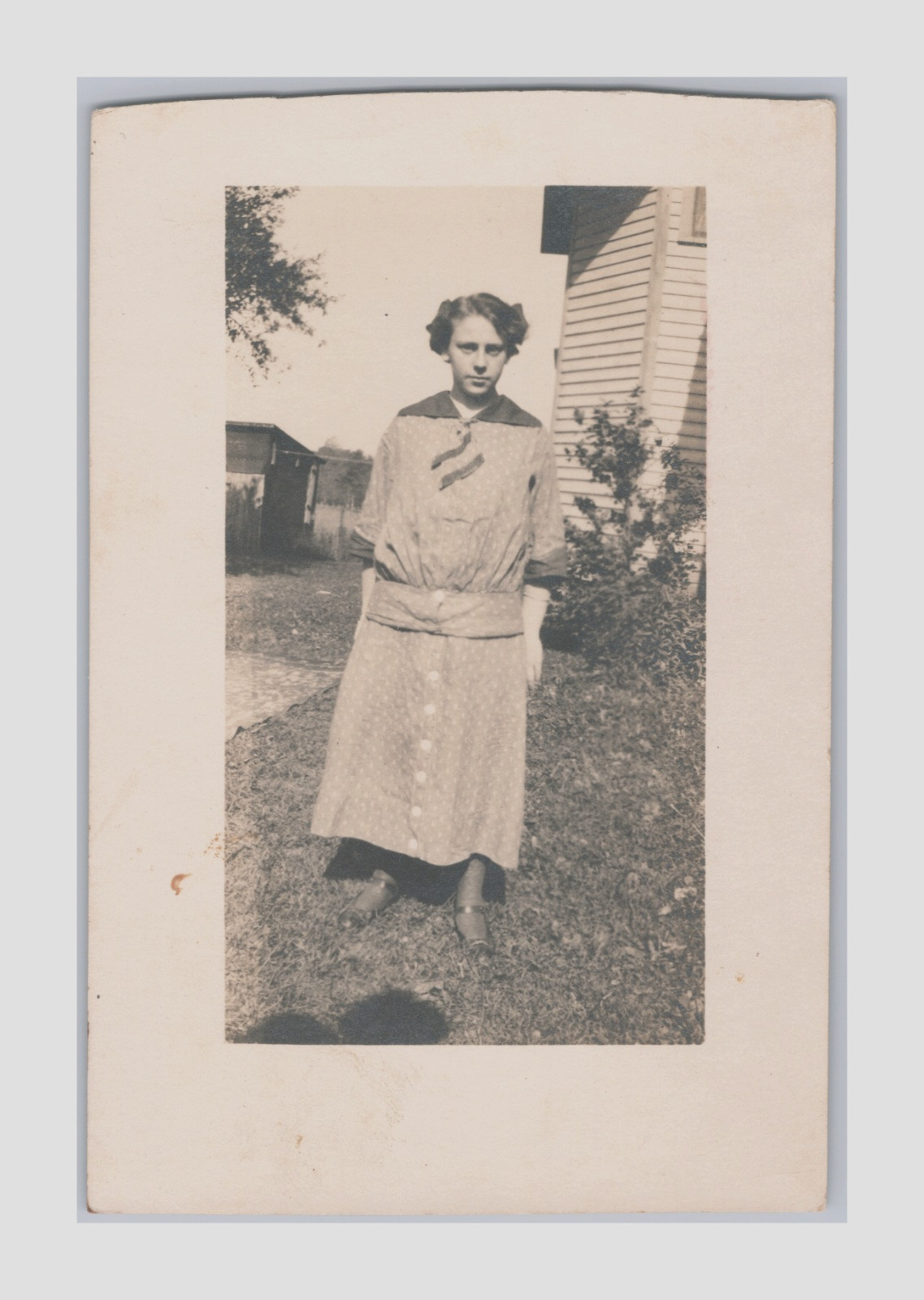 c.1910 RPPC Girl Esther Ladue Drop-Waist Polka Dot Dress Wide Belt Sailor Collar