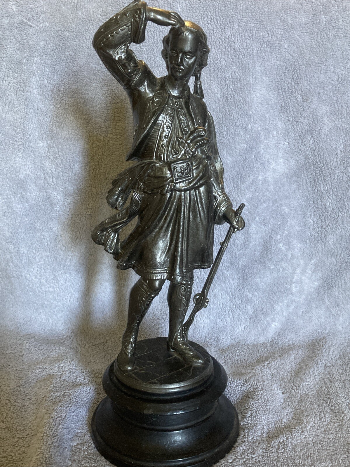 Vtg 1800 Attire Soldier or Hunter Metal Spelter Figure 14” Tall Base Is 2”High