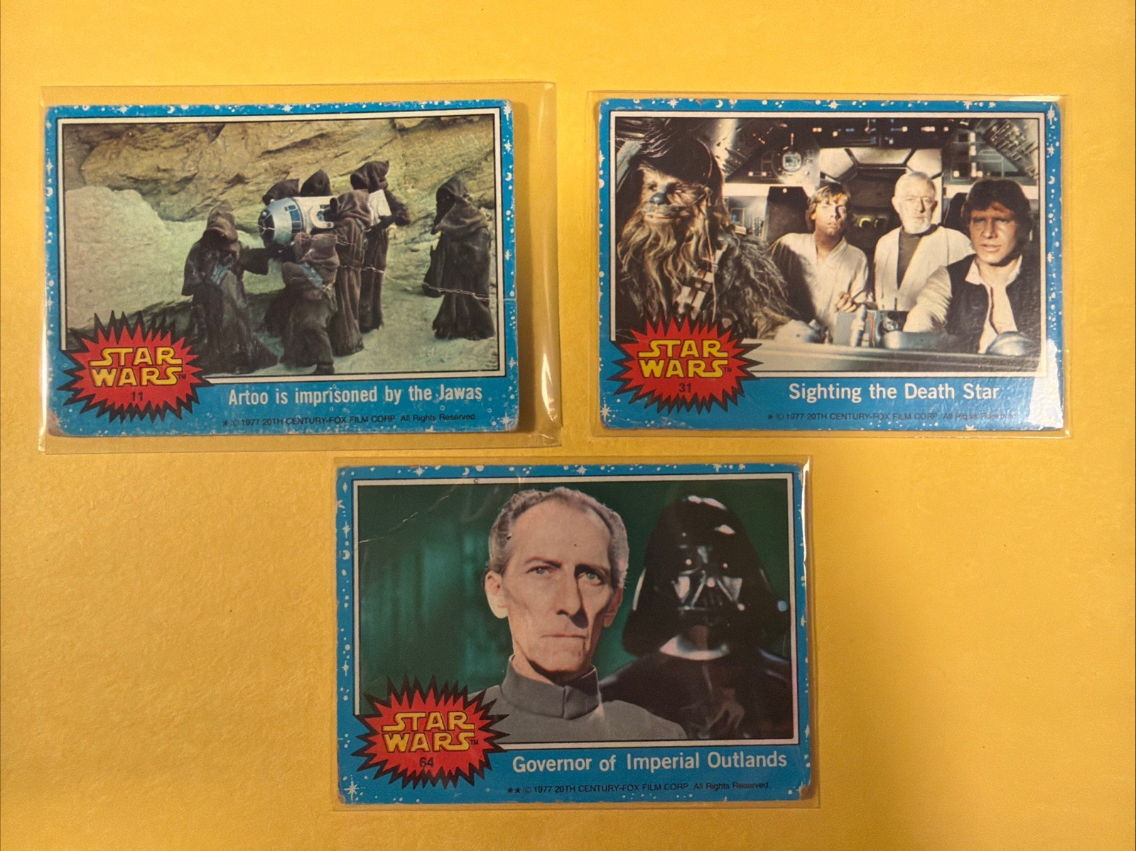 1977 Star Wars Topps Blue Series Cards Lot Of 3 - 11 31 64 Ben Vader R2 Jawas