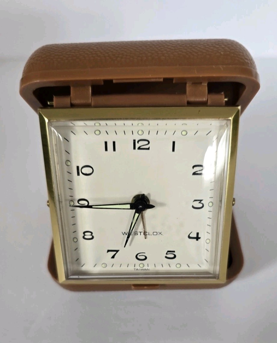Vintage WESTCLOX Tan Luminous Folding TRAVEL ALARM CLOCK Collapsible Working