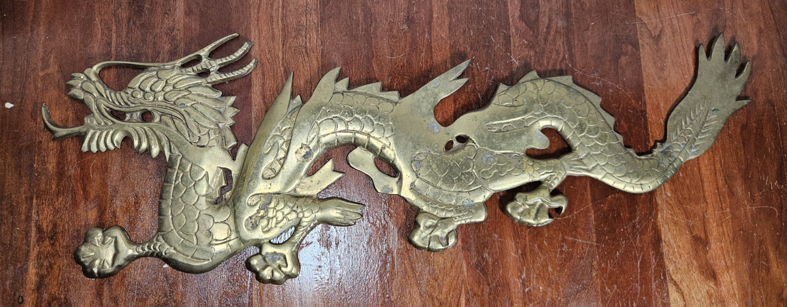 22” Vintage Solid Brass Mythical Dragon Wall Art Sculpture 