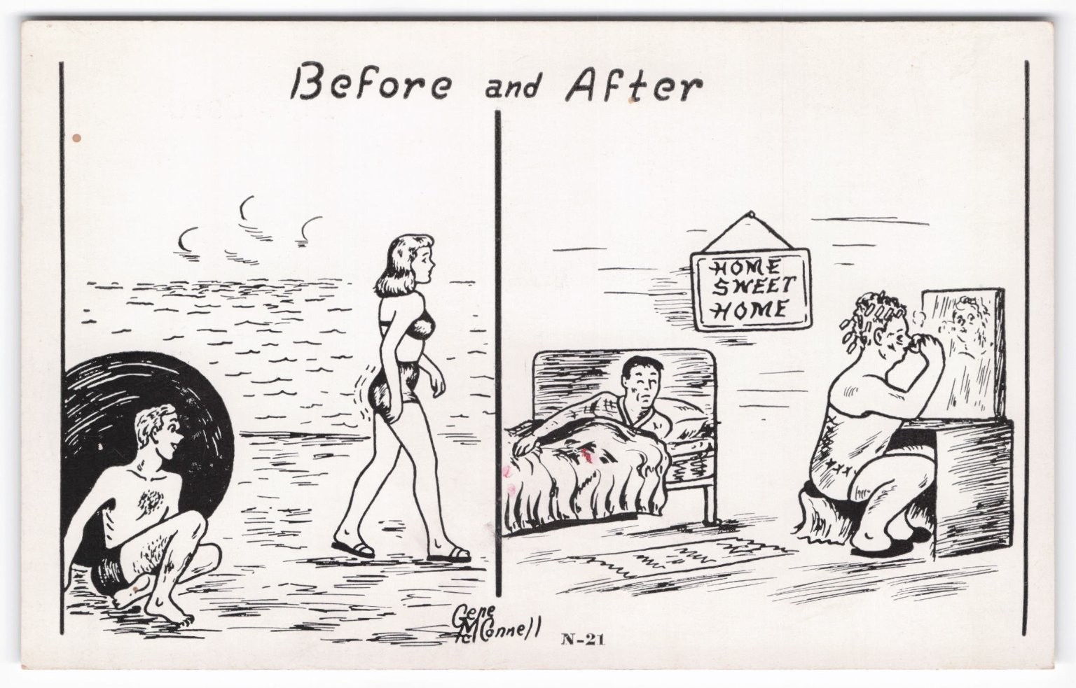 Vintage Comic Postcard Before and After Marriage Beach vs Home Humor Gene Sexist Vintage Comic Postcard Before and After Marriage Beach vs Home Humor Gene Sexist