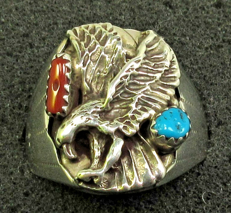 Native American Navajo Sterling Silver Turquoise Eagle Ring Size 11 1/2 #134