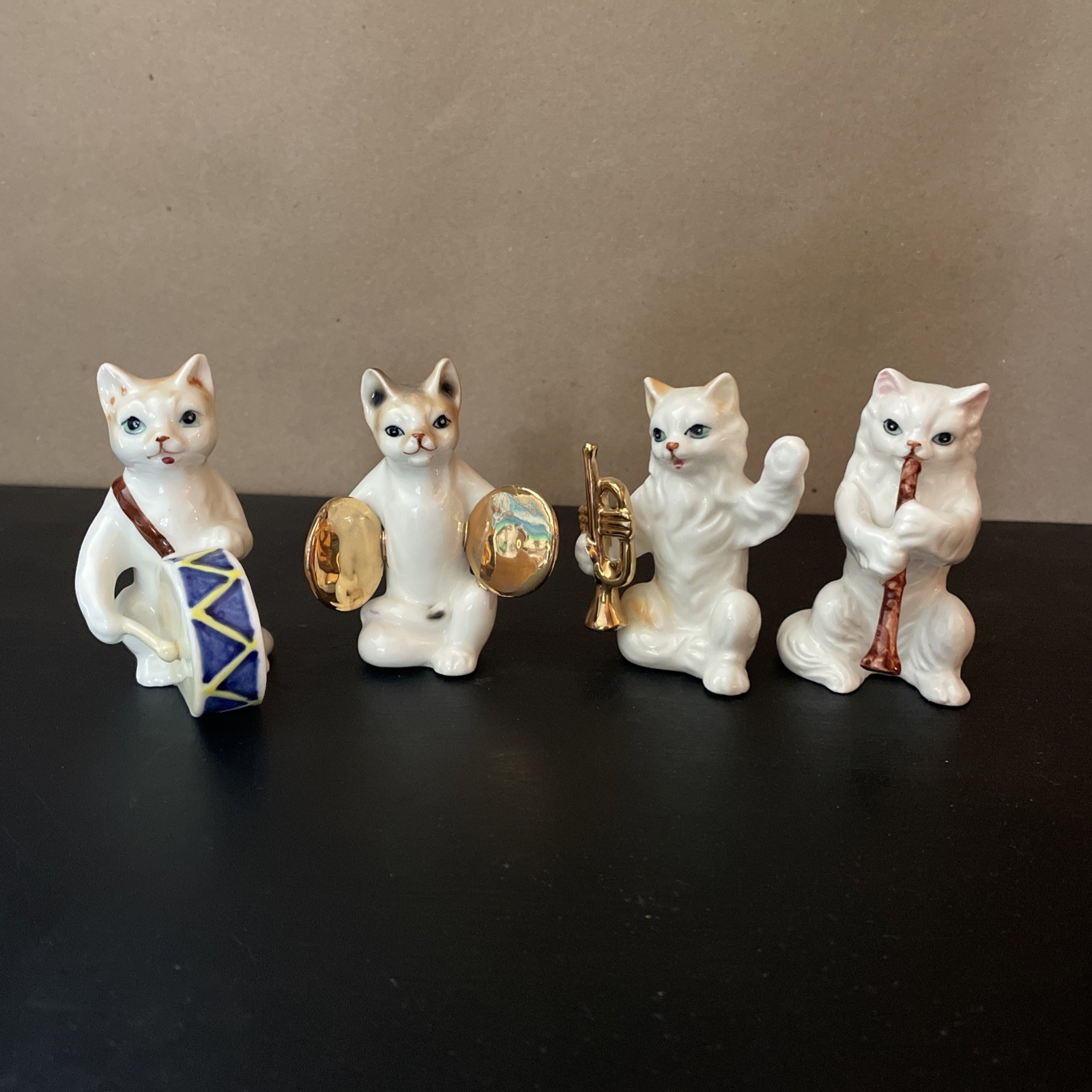 4 Vintage anthropomorphic Cat band Mini kitties, one w repair, Bone China 1950s 4 Vintage anthropomorphic Cat band Mini kitties, one w repair, Bone China 1950s