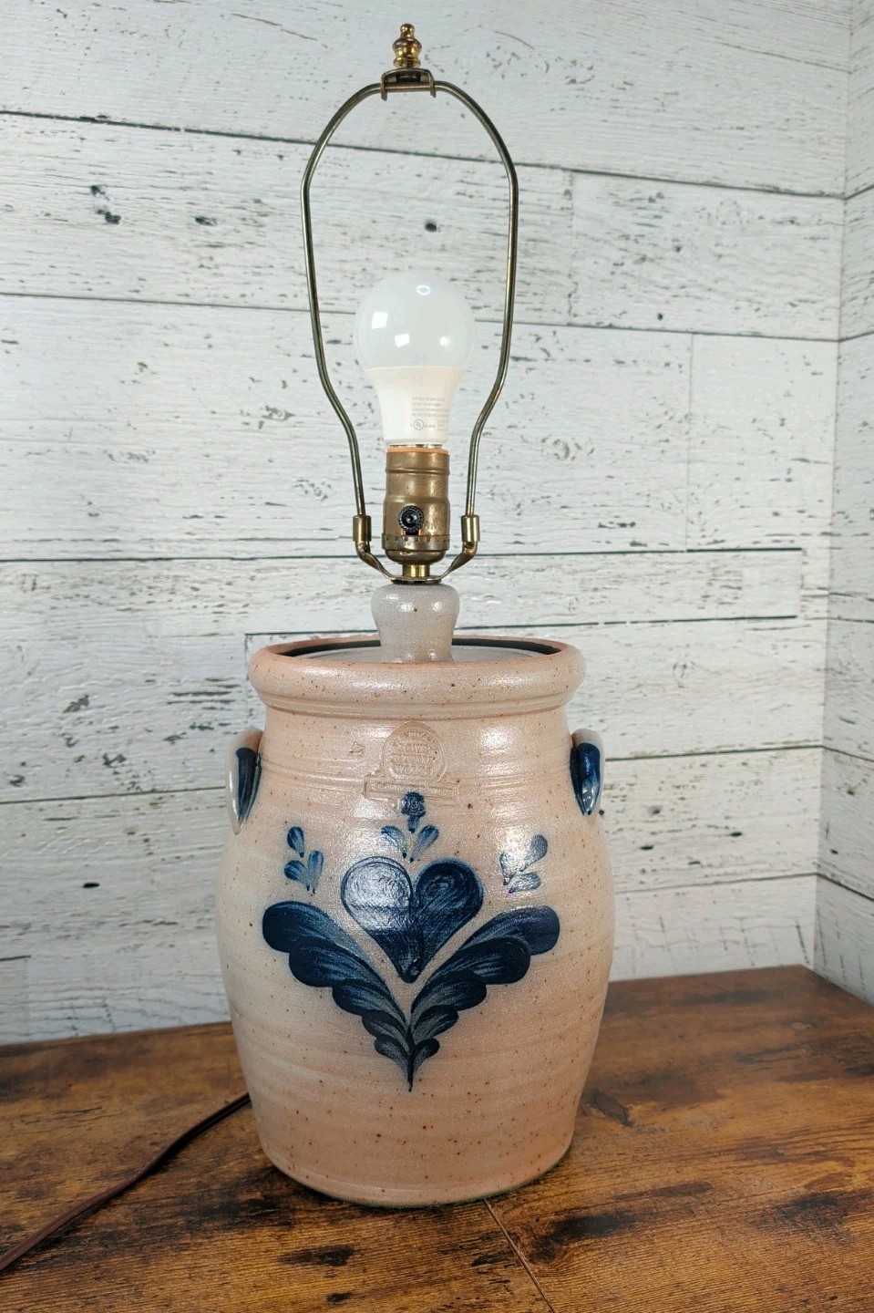 VTG 1989 Rowe Pottery Works Stamped Blue Heart Crock Hand Thrown Salt Glaze Lamp VTG 1989 Rowe Pottery Works Stamped Blue Heart Crock Hand Thrown Salt Glaze Lamp