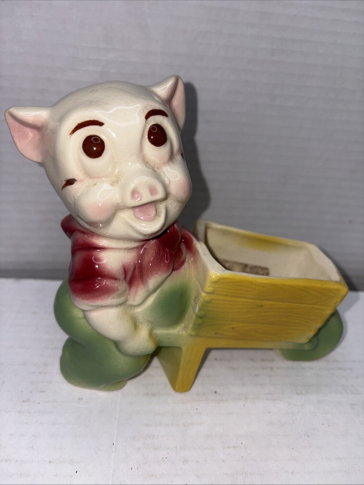 Vintage Pottery Shawnee  Pig Pushing Wheelbarrow  Ceramic Planter 