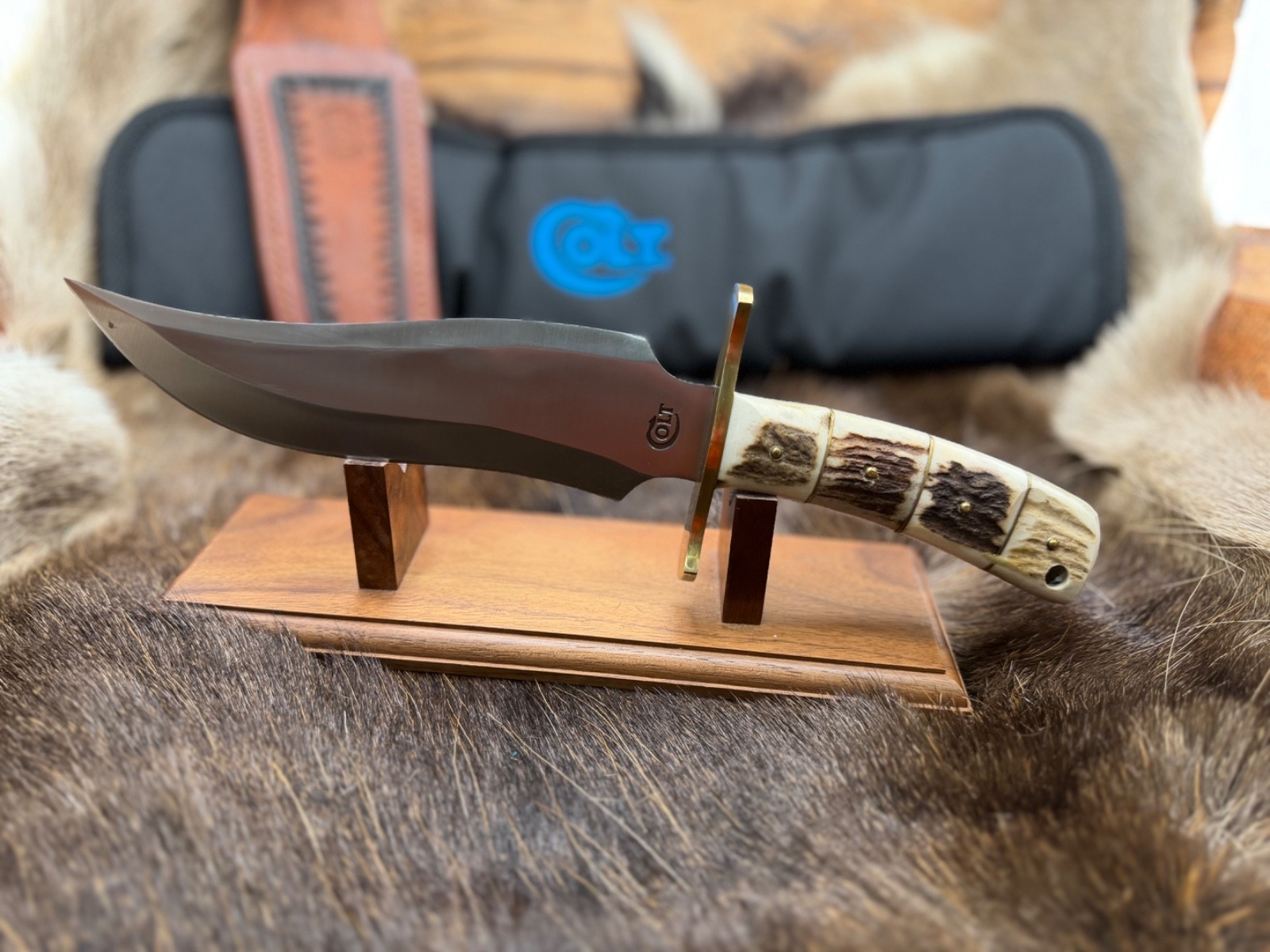 Sam Colt Knife Bowie Knife With Stag Handle With Leather Sheath Mint In Pouch C4