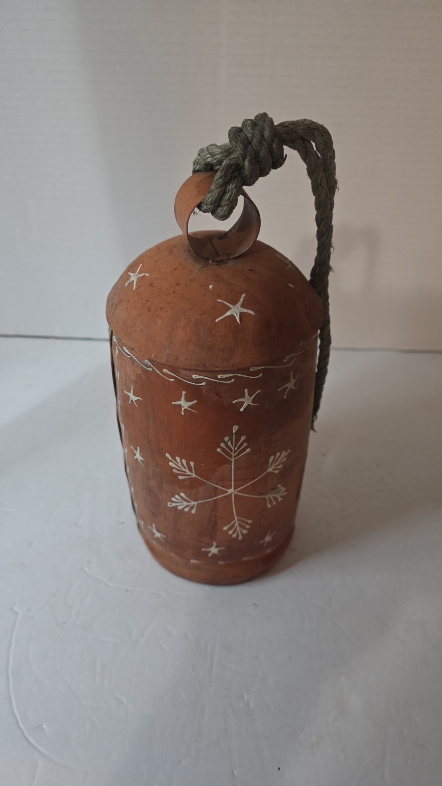 Mid Century Swedish Christmas Tree Red Tin Cowbell Rope Handle Wood Clapper