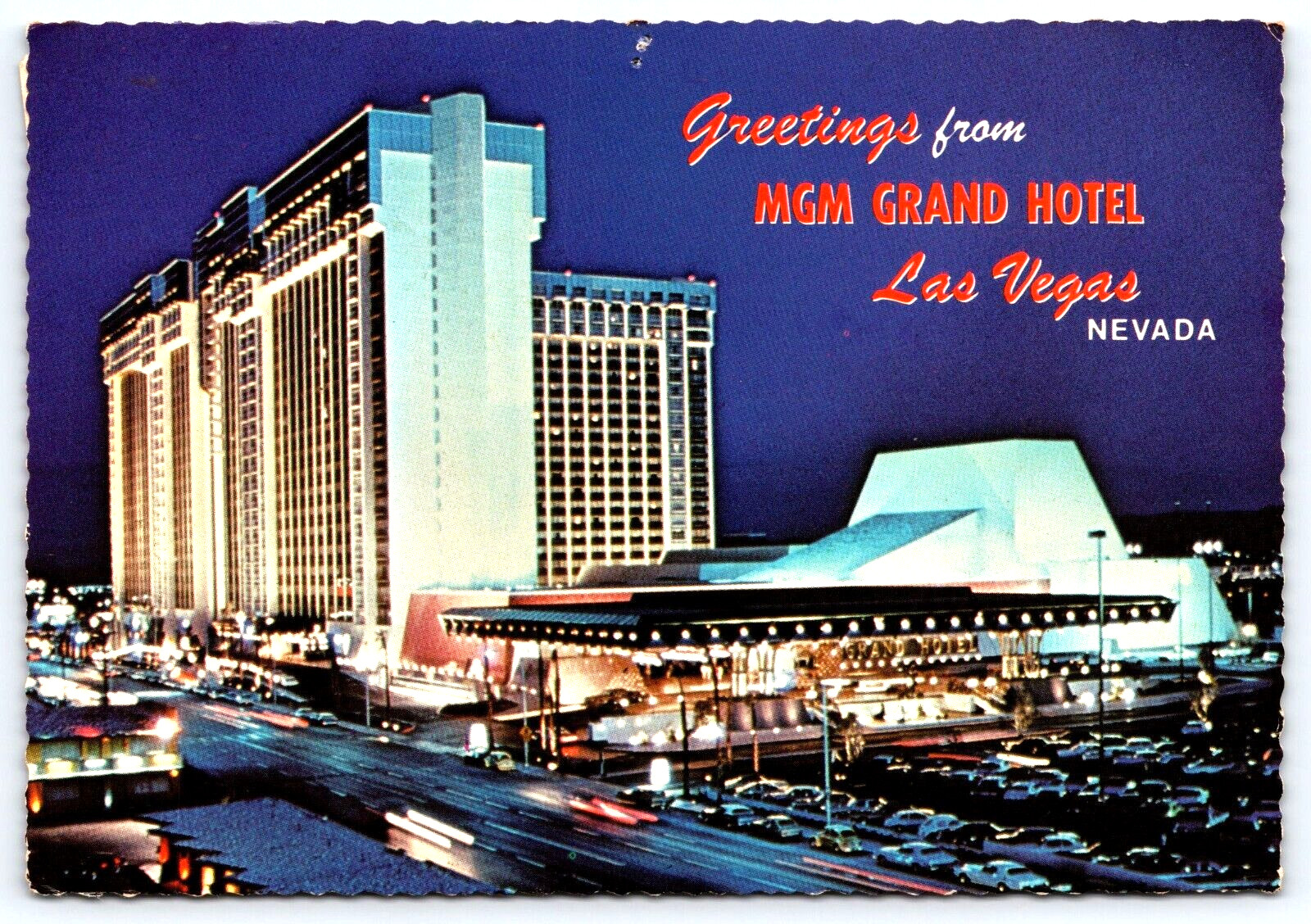 Las Vegas Nevada Greetings MGM Grand Hotel Buildings Cars Vintage Photo Postcard