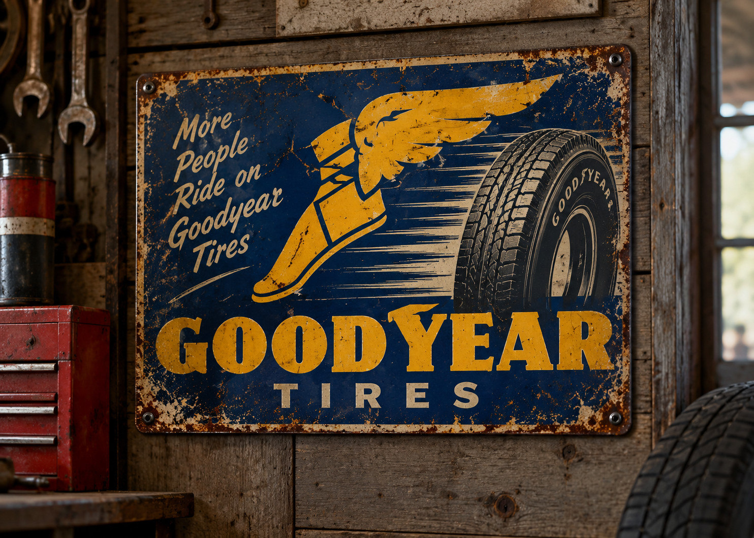 Vintage Look Goodyear Tires Sign - 10x14 PVC with Holes for Hanging Vintage Look Goodyear Tires Sign - 10x14 PVC with Holes for Hanging