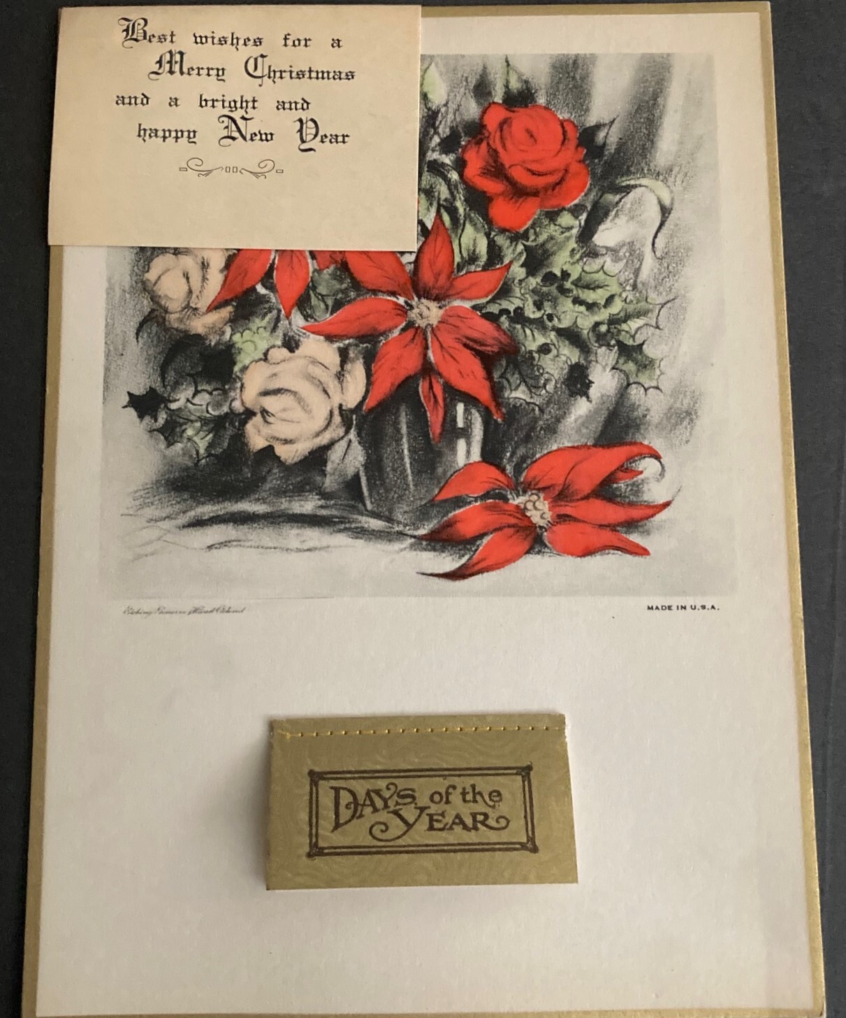 Vintage Etched Roses & Poinsettia's Christmas Days of the Year Calendar - 1935