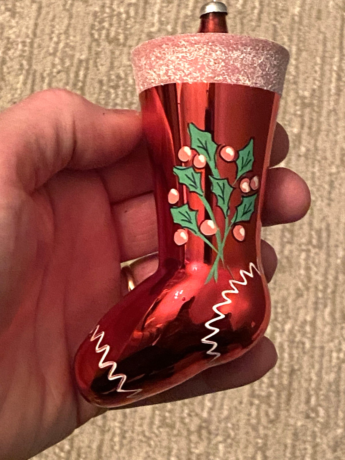 VTG Italian Glass Xmas Ornament Red Stocking Holly 5” Italy De Carlini Style