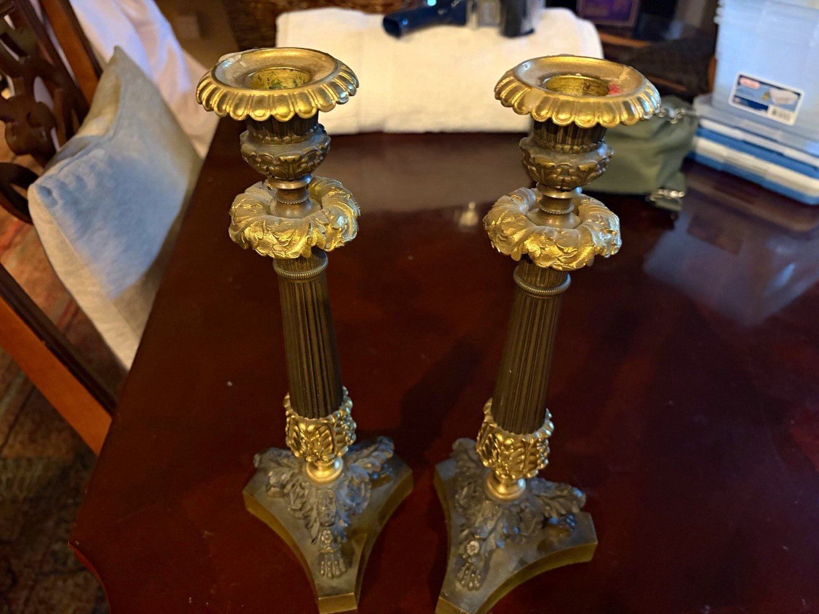 Antique French Empire Gilt Patinated Bronze Candlesticks Pair Charles X c.1820