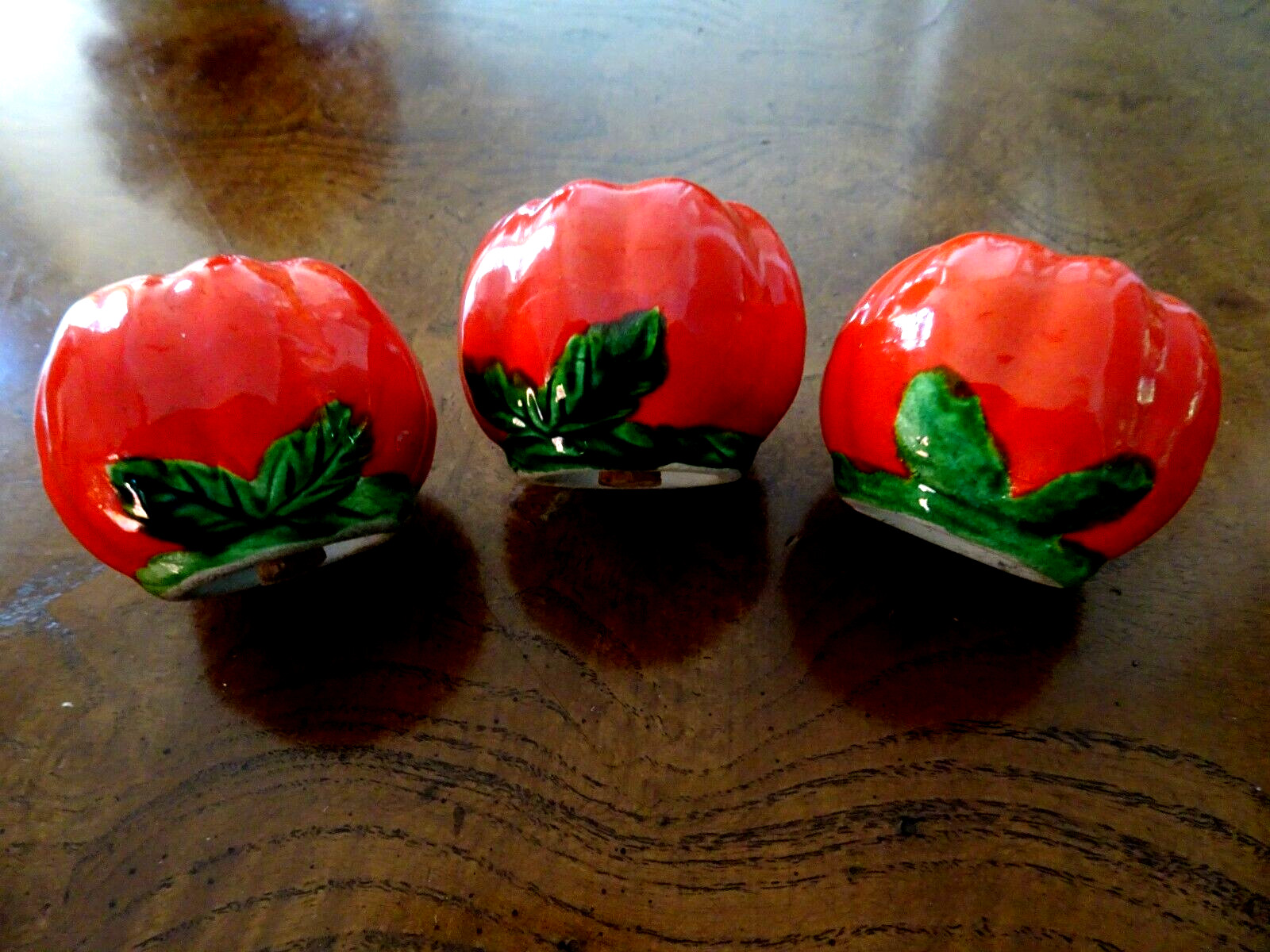 THREE VINTAGE TOMATO SALT (2) & PEPPER (1) SHAKERS - JAPAN THREE VINTAGE TOMATO SALT (2) & PEPPER (1) SHAKERS - JAPAN
