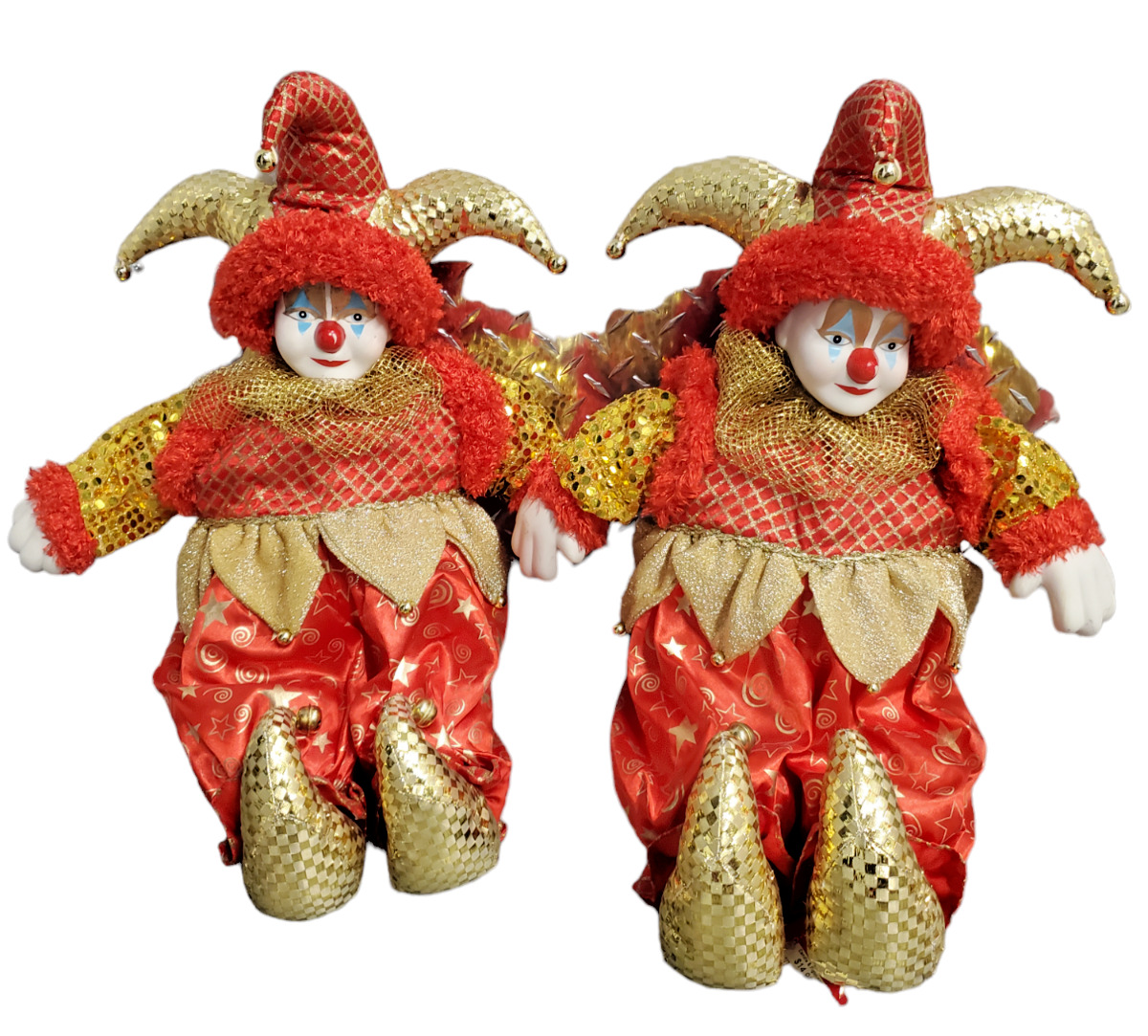Vintage Porceline red and gold glitter fabric custume made clown jaster doll set