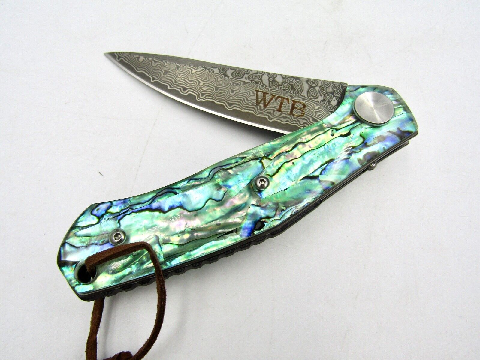 VG10 Damascus Abalone Sea Shell Handle Knife Folding Pocket VP26 (New, Engraved)