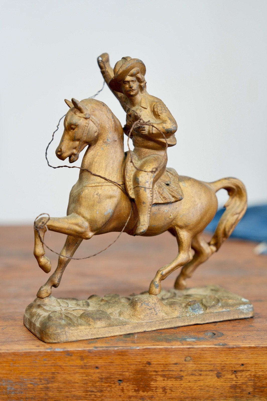 Antique 1900s Spelter BUFFALO BILL Mantle Clock Topper Accent Statue Horse VTG