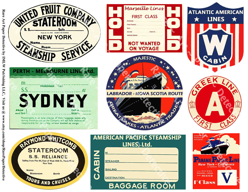 9 STEAMSHIP LUGGAGE STICKERS & Cabin Pass Decals, 1 Sheet, Travel REPRODUCTIONS