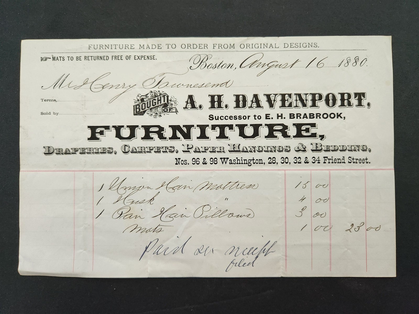 1880 antique A H DAVENPORT boston ma FURNITURE DRAPERIES CARPETS BEDDING PAPER