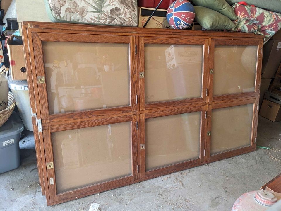 VTG  Oak Bulletin Notice Board Display Case Cabinet Wood Glass Hallway School