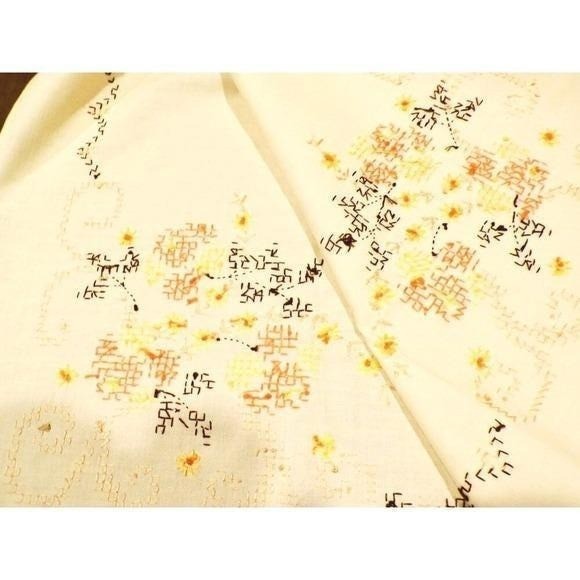 Vtg Hand Embroidered Floral Ecru Tablecloth Cross Stitched Orange Yellow Brown