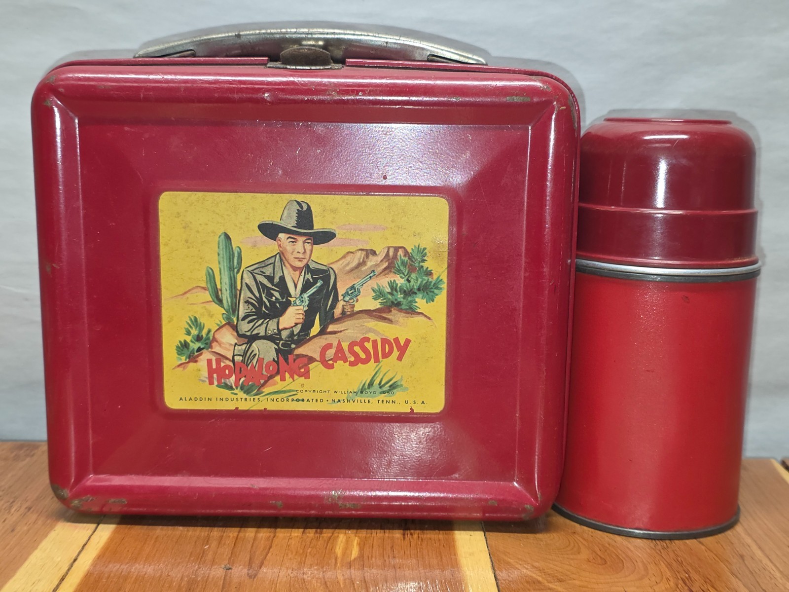 Vintage 1950 Red Hopalong Cassidy Lunch Box With Thermos.